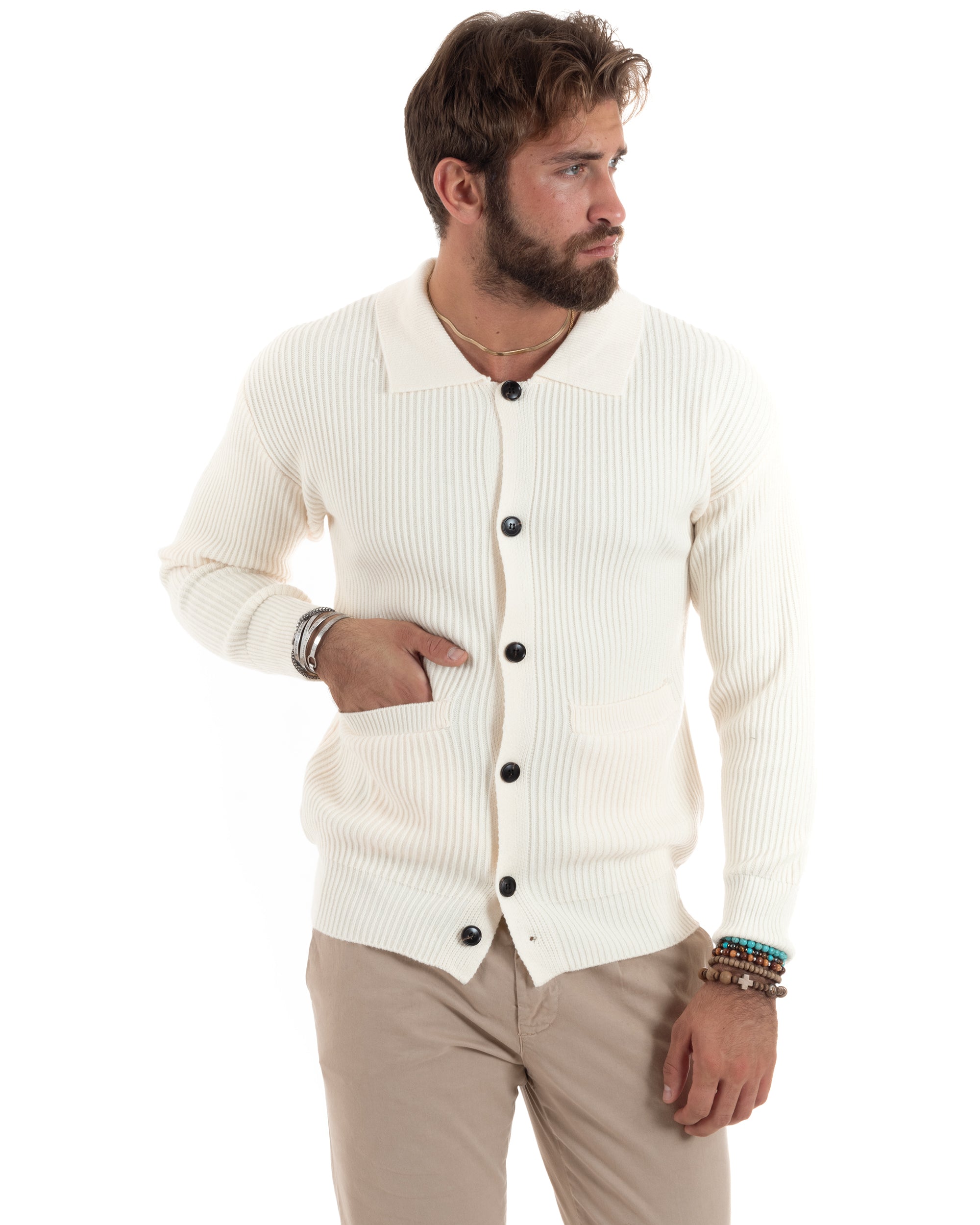 Cardigan Uomo Con Bottoni Maglioncino Con Colletto Polo Maniche Lunghe Tinta Unita Panna GIOSAL-M2947A