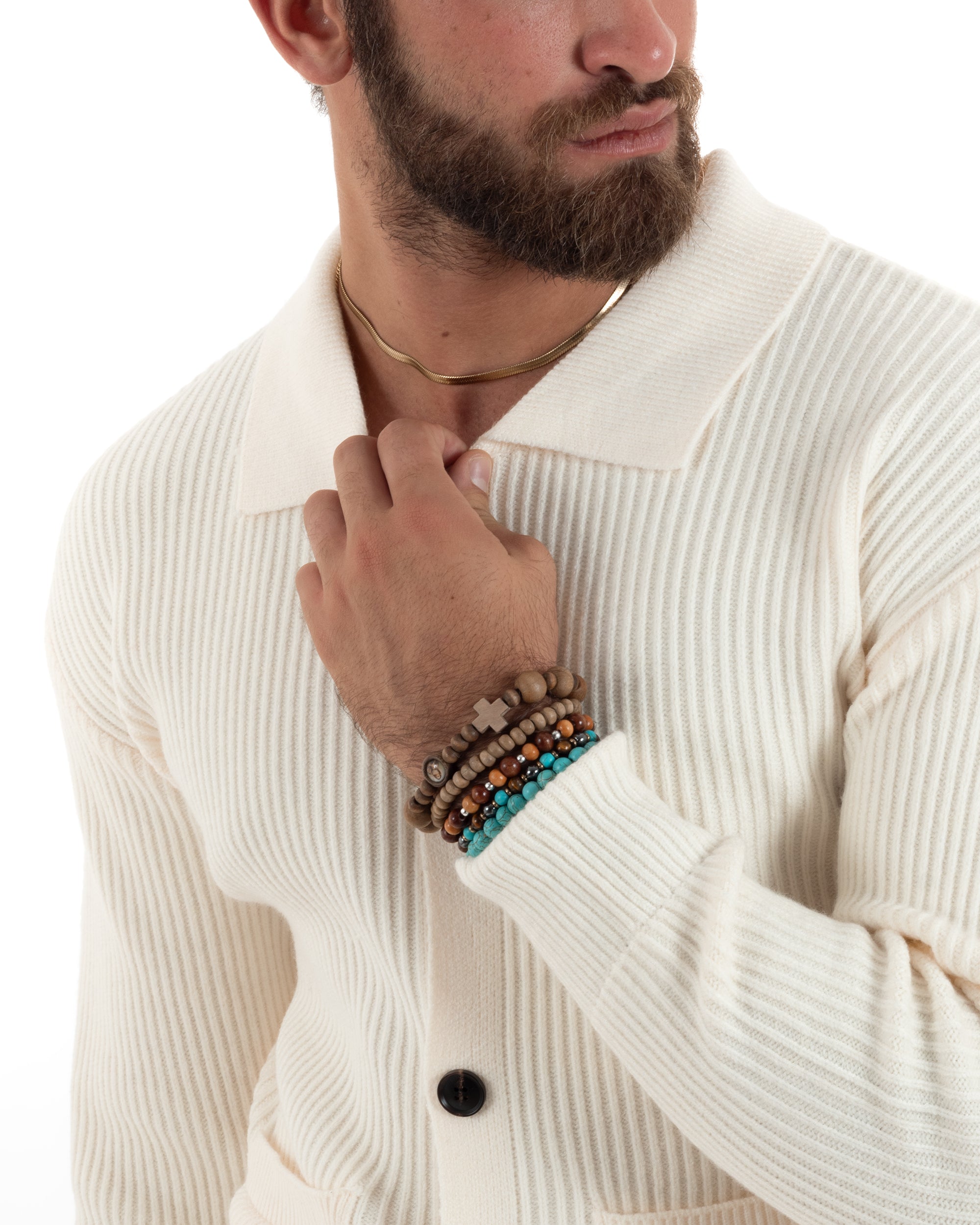 Cardigan Uomo Con Bottoni Maglioncino Con Colletto Polo Maniche Lunghe Tinta Unita Panna GIOSAL-M2947A