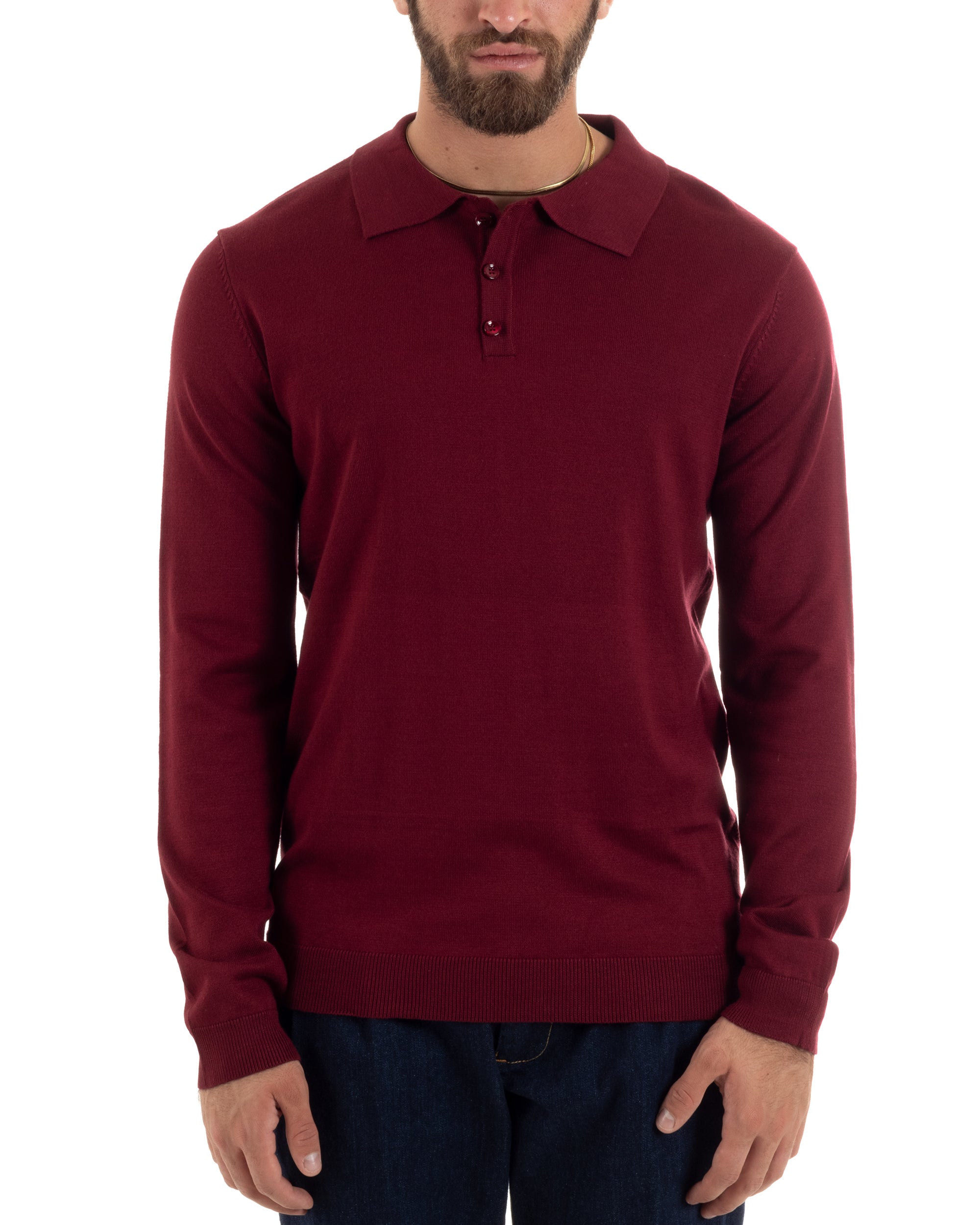 Maglioncino Uomo Casual Maglia Con Colletto Polo Tinta Unita Basic Bordeaux GIOSAL-M2948A