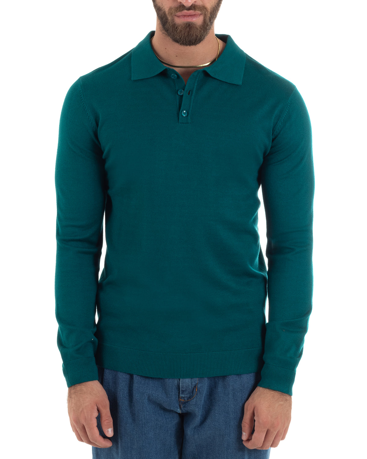 Maglioncino Uomo Casual Maglia Con Colletto Polo Basic Petrolio M2949A