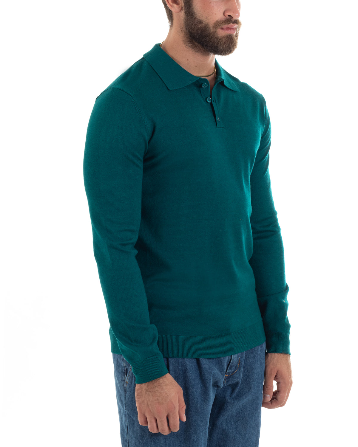 Maglioncino Uomo Casual Maglia Con Colletto Polo Basic Petrolio M2949A