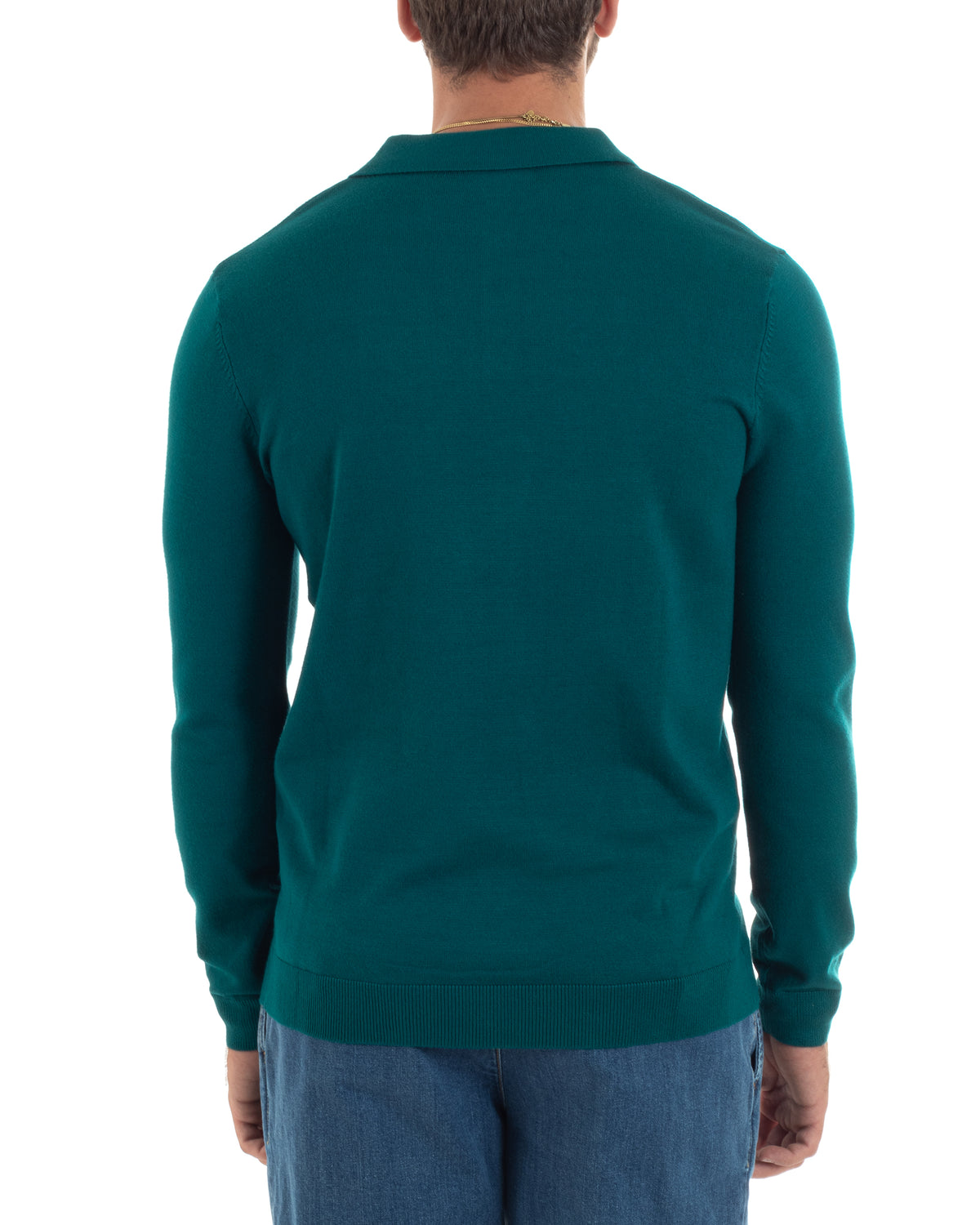 Maglioncino Uomo Casual Maglia Con Colletto Polo Basic Petrolio M2949A