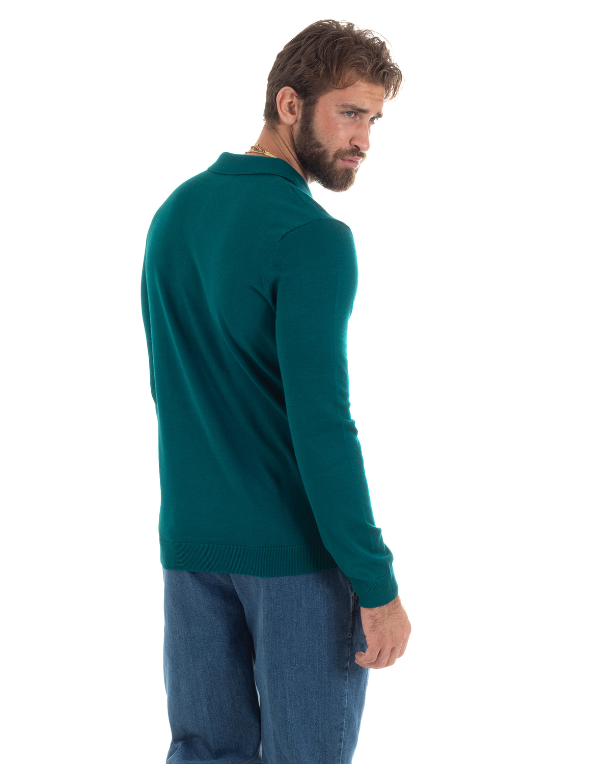 Maglioncino Uomo Casual Maglia Con Colletto Polo Basic Petrolio M2949A