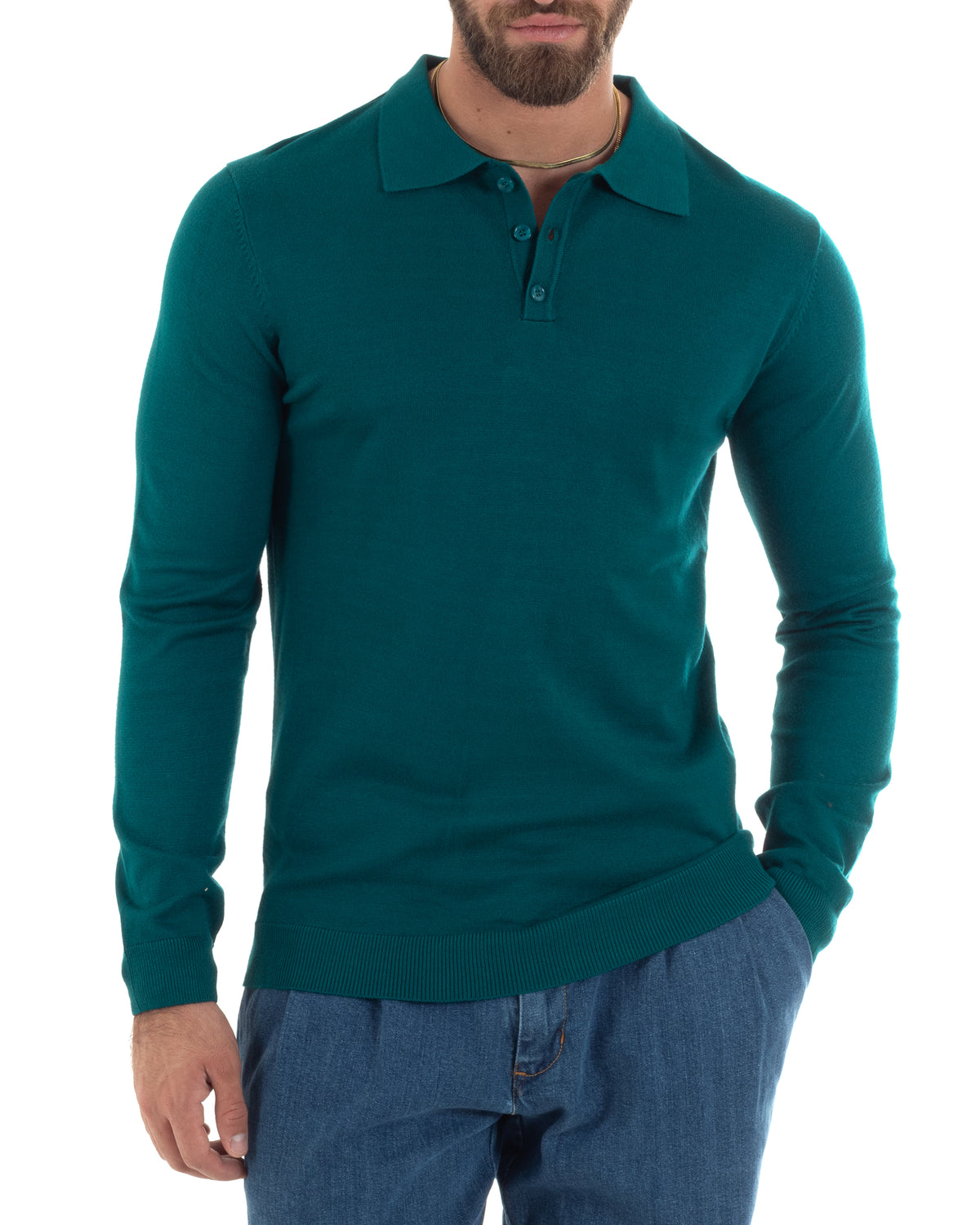 Maglioncino Uomo Casual Maglia Con Colletto Polo Basic Petrolio M2949A