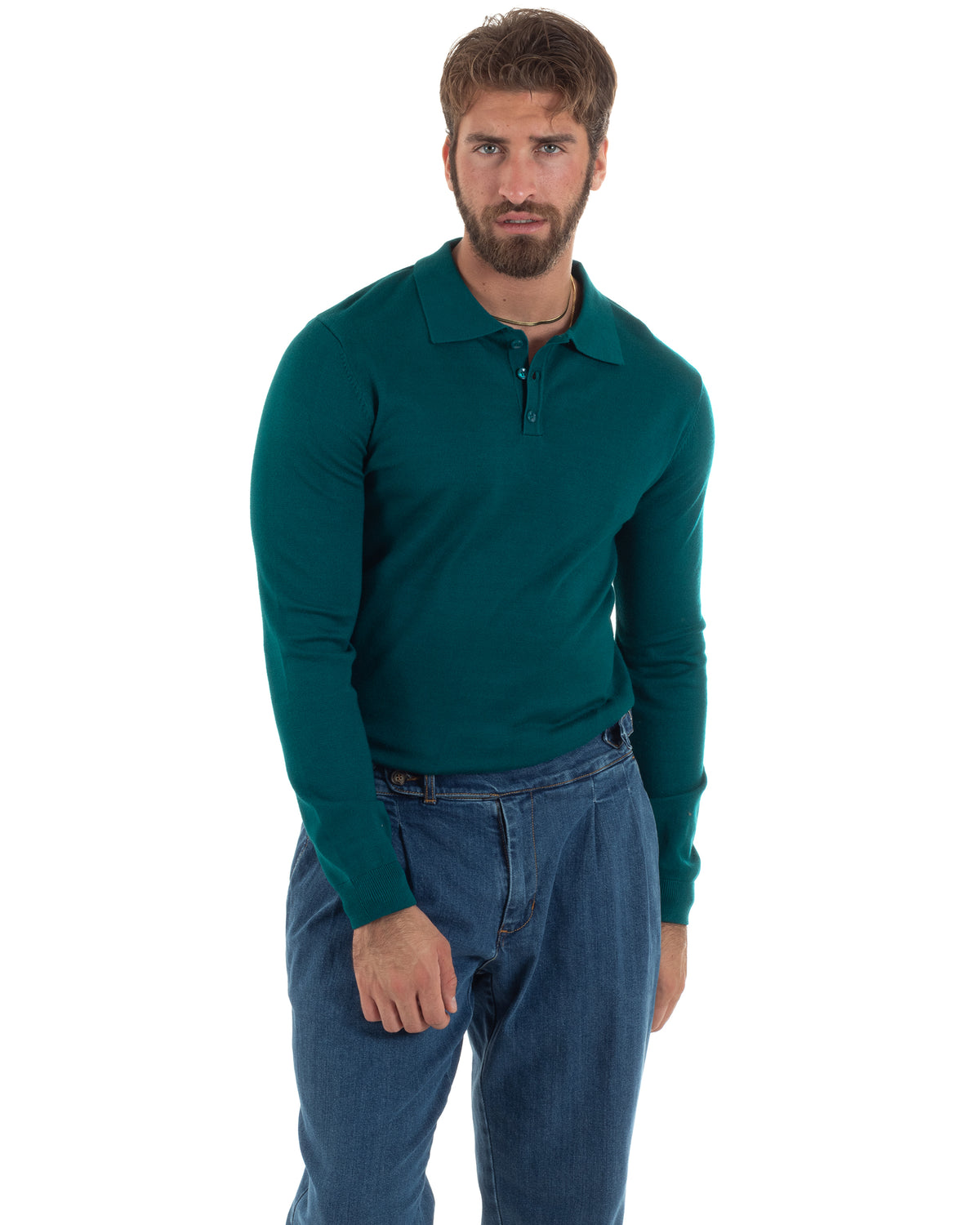 Maglioncino Uomo Casual Maglia Con Colletto Polo Basic Petrolio M2949A