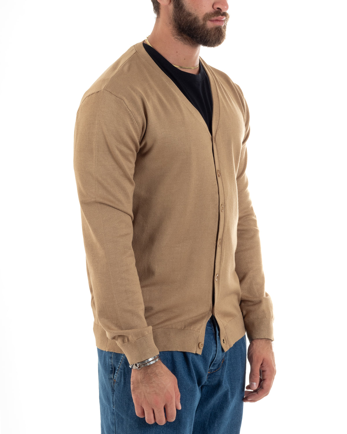 Schlichter, dünner Strickcardigan mit V-Ausschnitt, Kamel M2692A