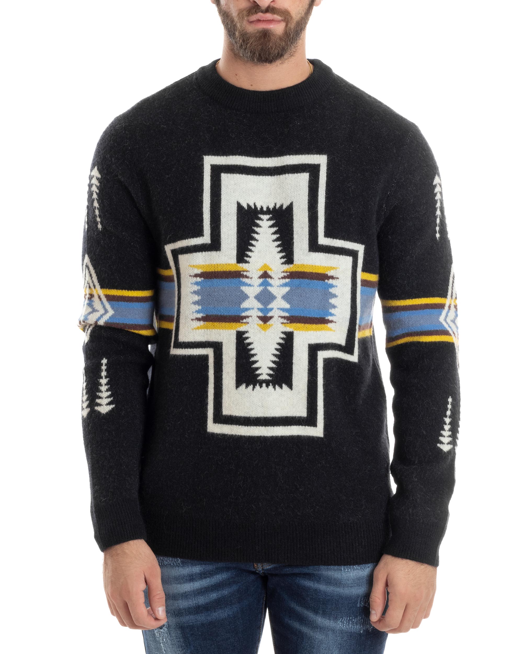 Maglione Uomo Girocollo Pullover Caldo Fantasia Jacquard Azteca Etnico Nero GIOSAL-M2956A