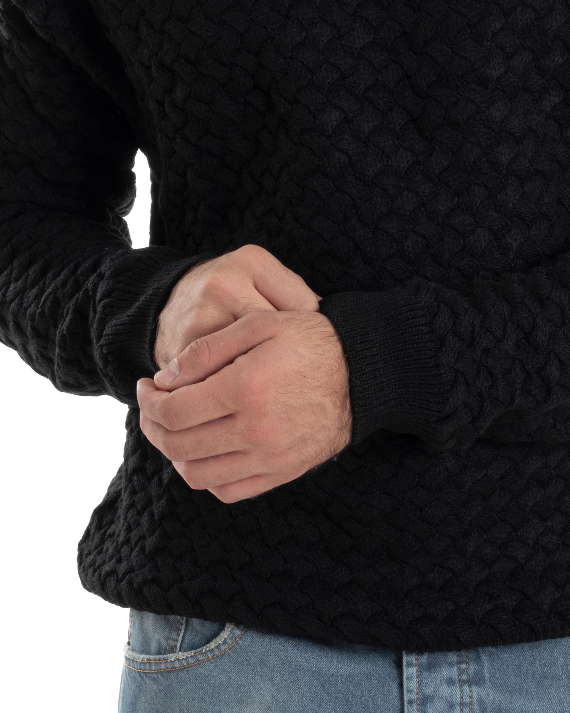 Maglione Uomo Girocollo Lana Calda Pullover Maglia Intrecciata Nero GIOSAL-M2959A