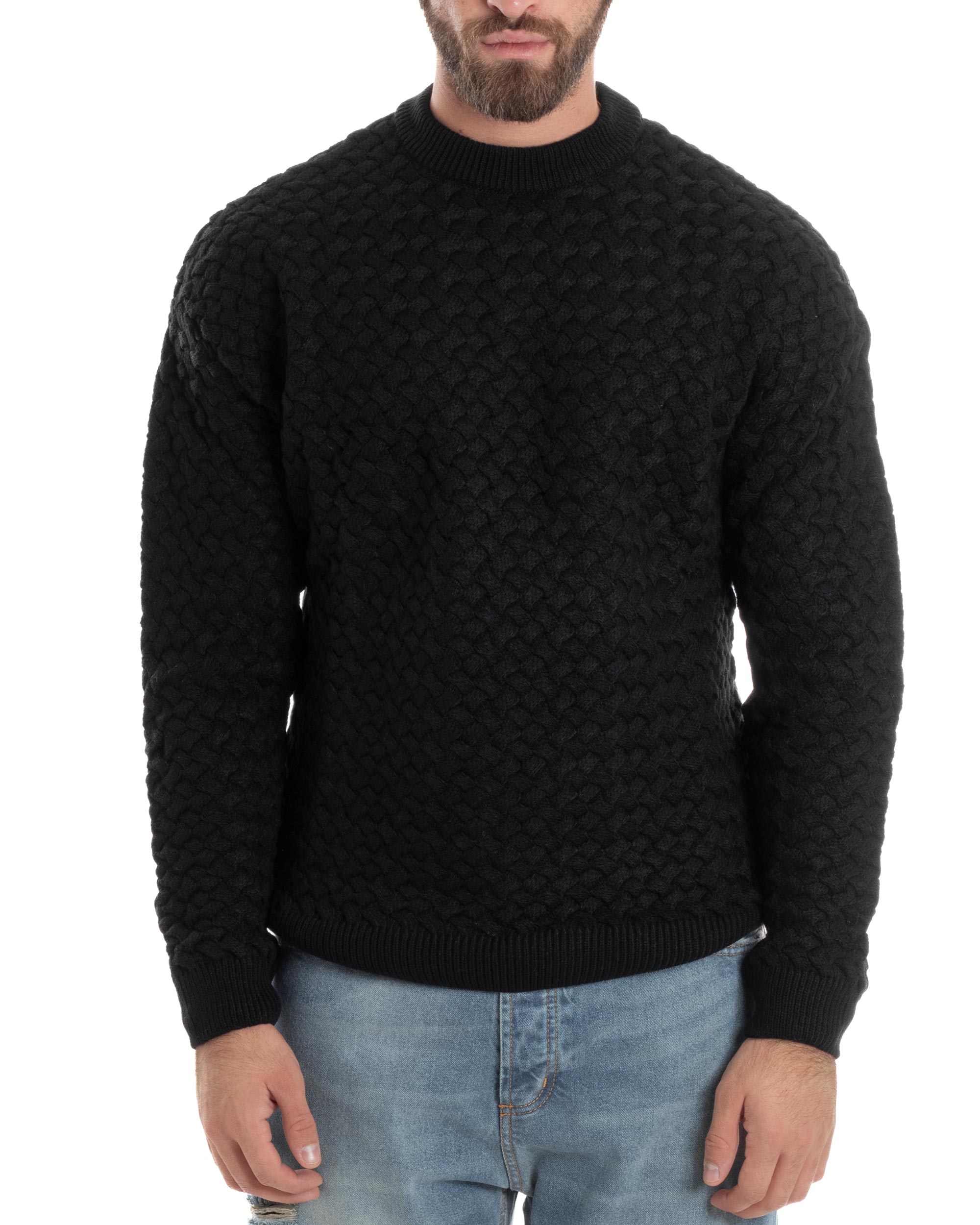 Maglione Uomo Girocollo Lana Calda Pullover Maglia Intrecciata Nero GIOSAL-M2959A