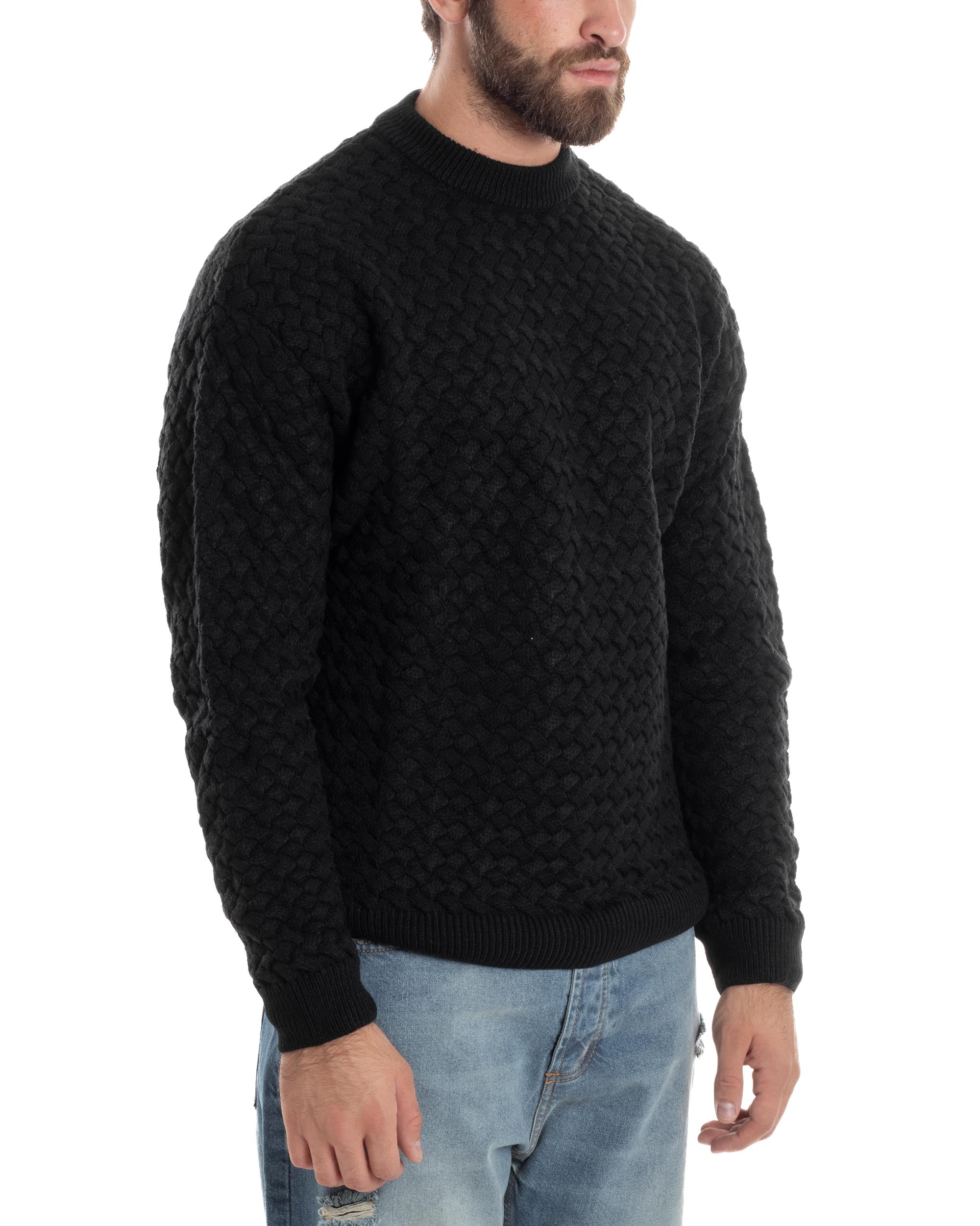 Maglione Uomo Girocollo Lana Calda Pullover Maglia Intrecciata Nero GIOSAL-M2959A