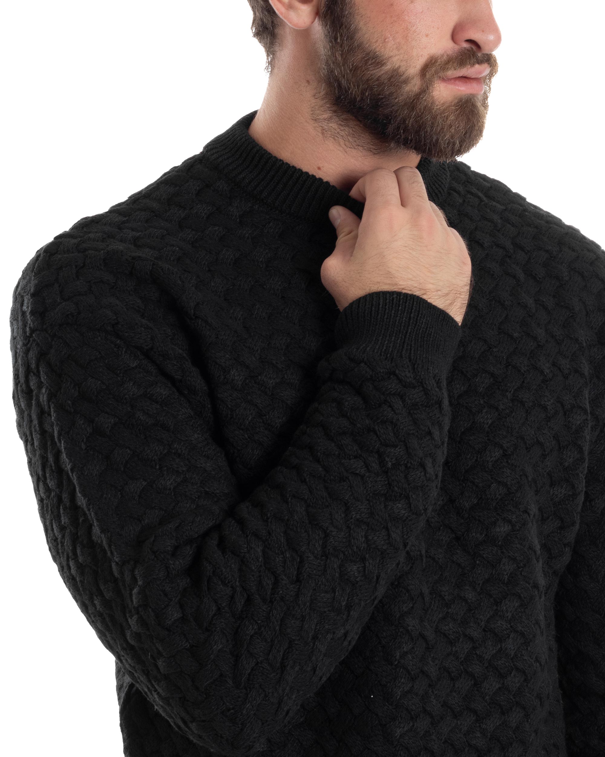 Maglione Uomo Girocollo Lana Calda Pullover Maglia Intrecciata Nero GIOSAL-M2959A