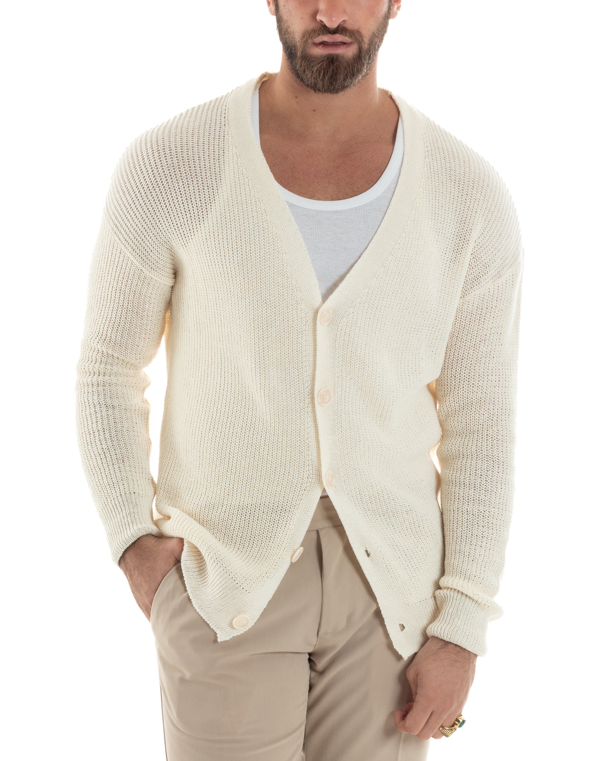 Cardigan Uomo Scollo V Giacca Con Bottoni Maglioncino Cotone Maglia Casual Basic Panna GIOSAL-M2965A