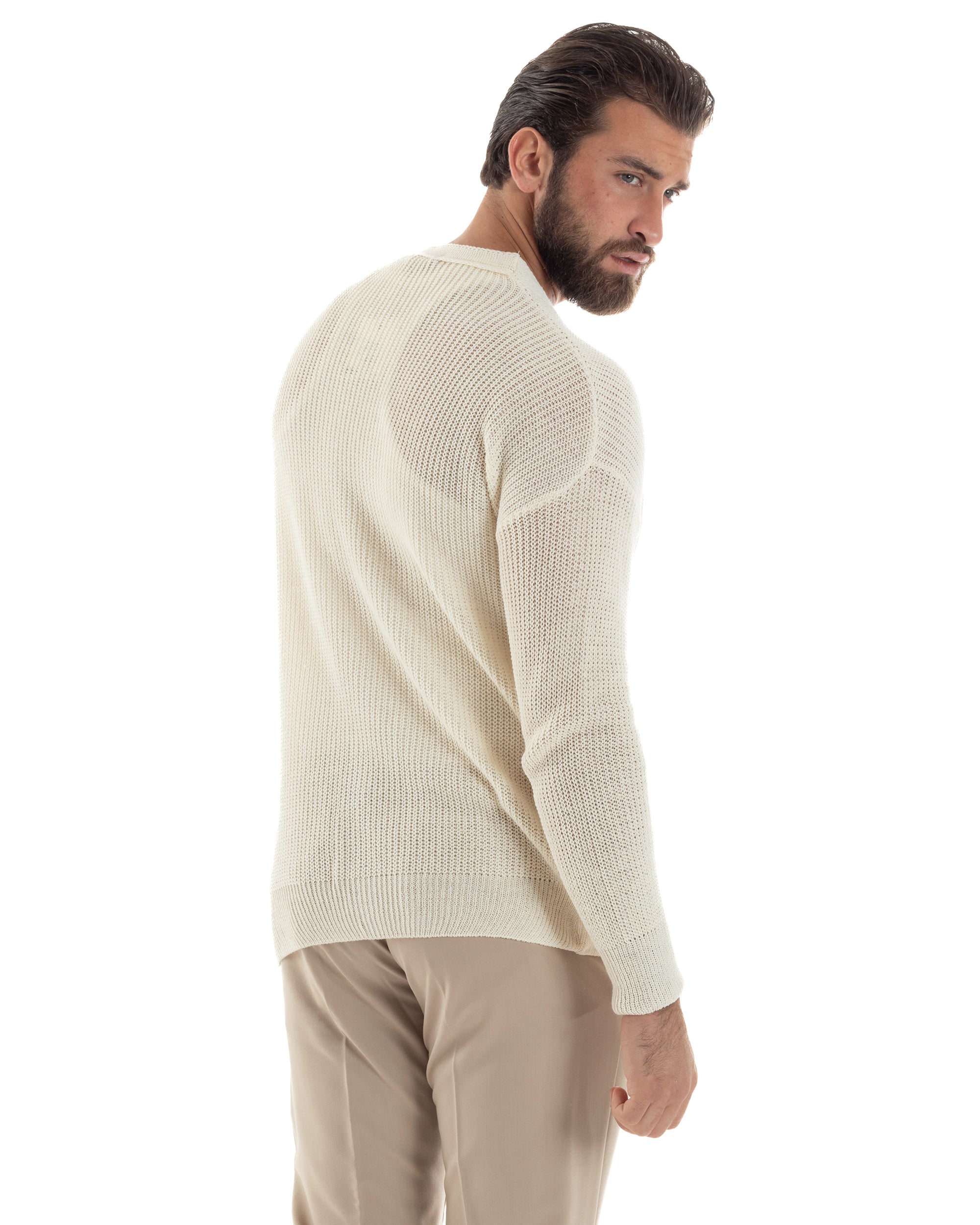 Cardigan Uomo Scollo V Giacca Con Bottoni Maglioncino Cotone Maglia Casual Basic Panna GIOSAL-M2965A