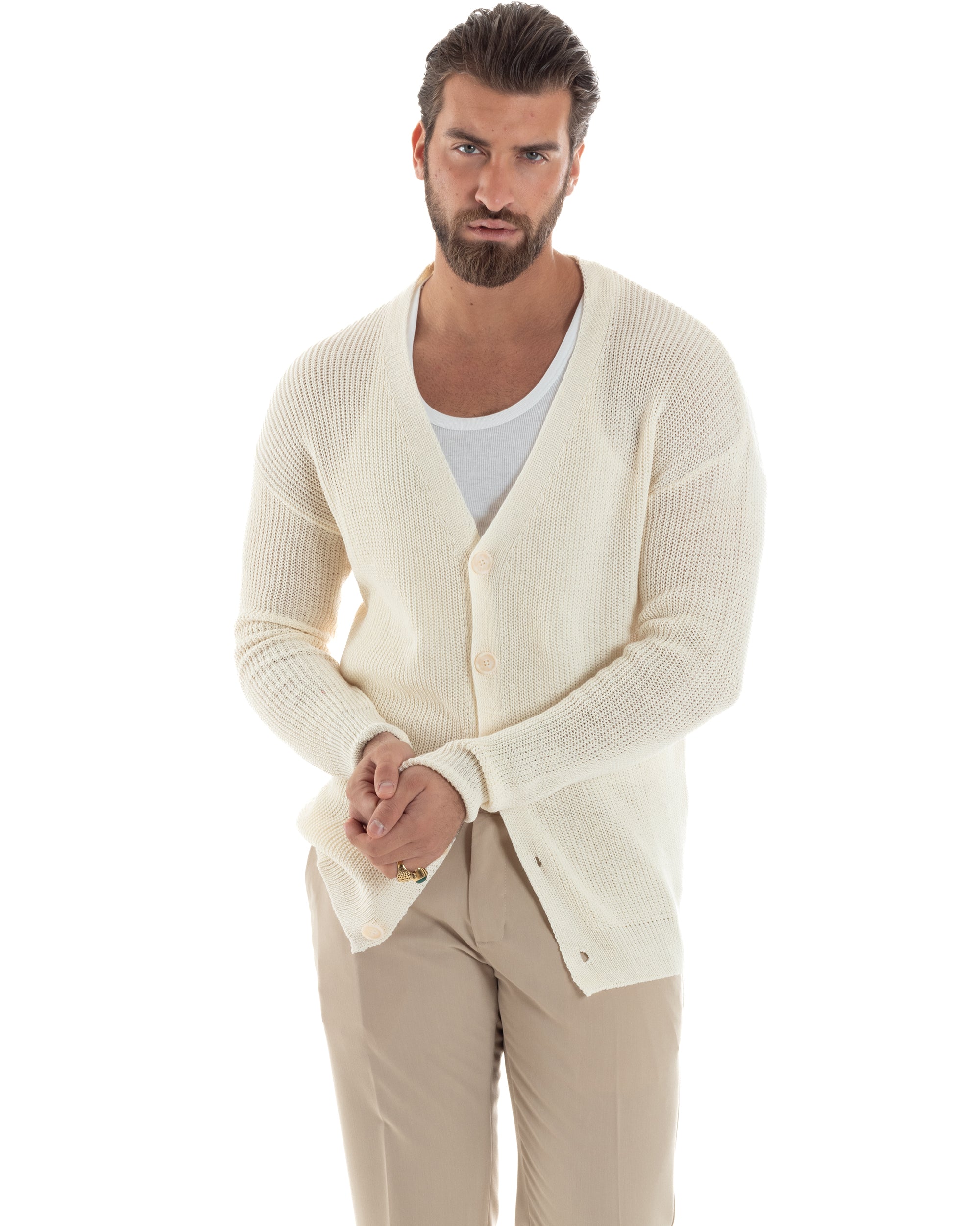 Cardigan Uomo Scollo V Giacca Con Bottoni Maglioncino Cotone Maglia Casual Basic Panna GIOSAL-M2965A