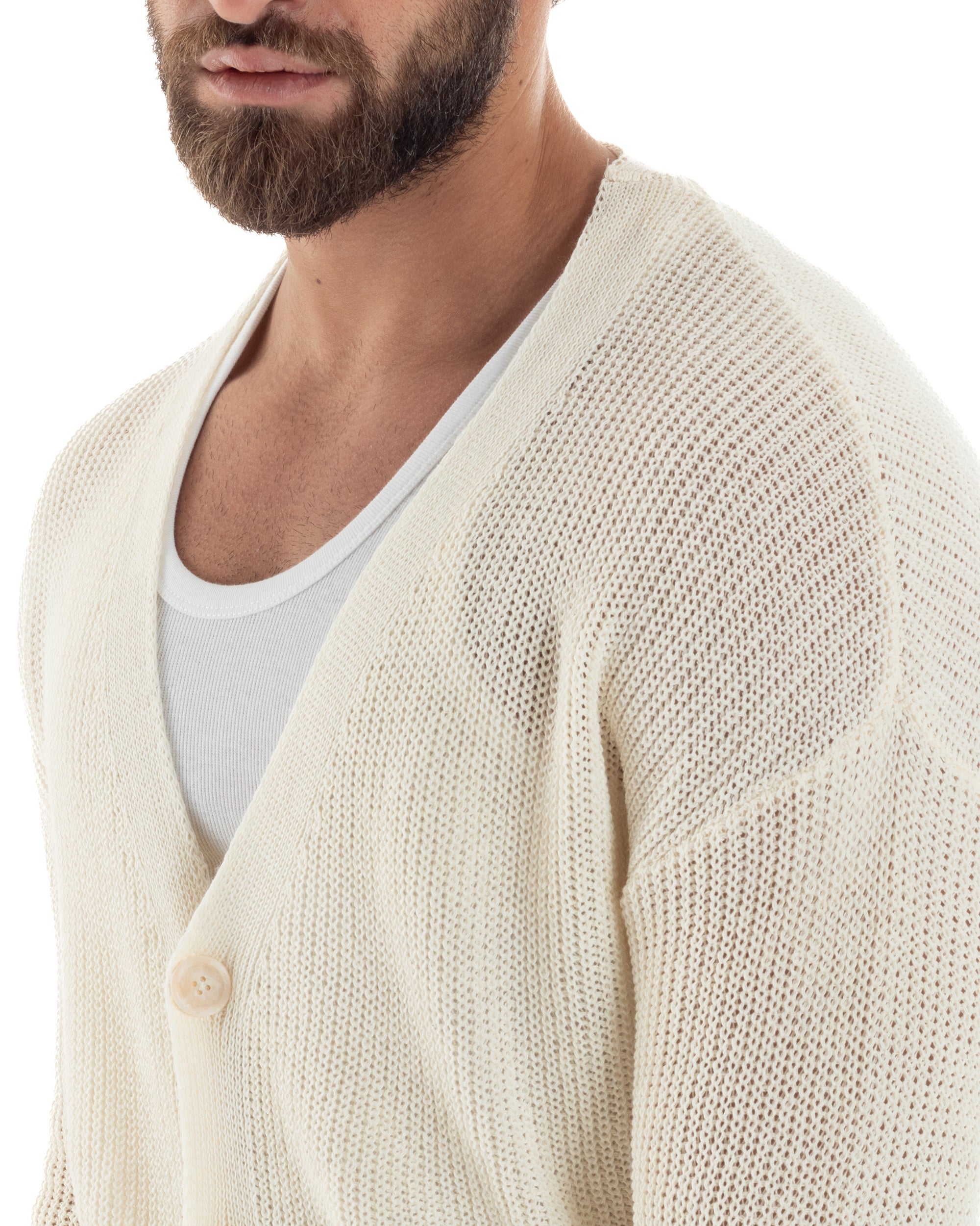 Cardigan Uomo Scollo V Giacca Con Bottoni Maglioncino Cotone Maglia Casual Basic Panna GIOSAL-M2965A