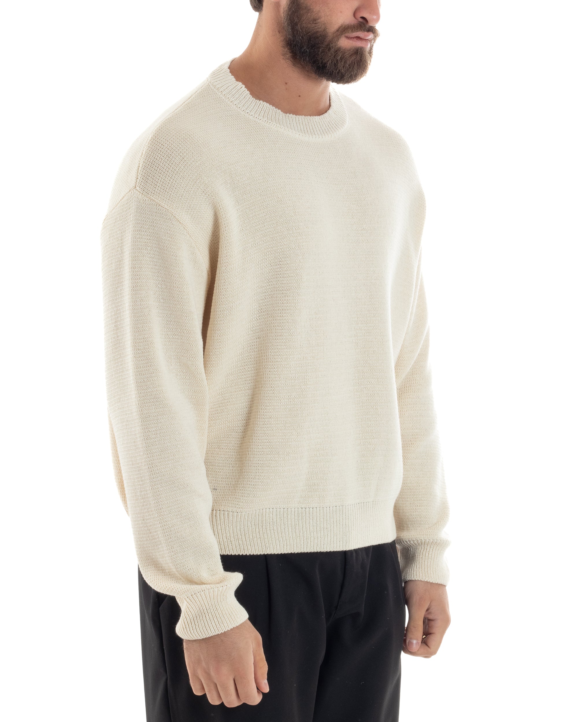 Maglia Uomo Girocollo Cropped Cotone Spalla Scesa Pullover Relaxed Fit Crop Basic Panna GIOSAL-M2967A