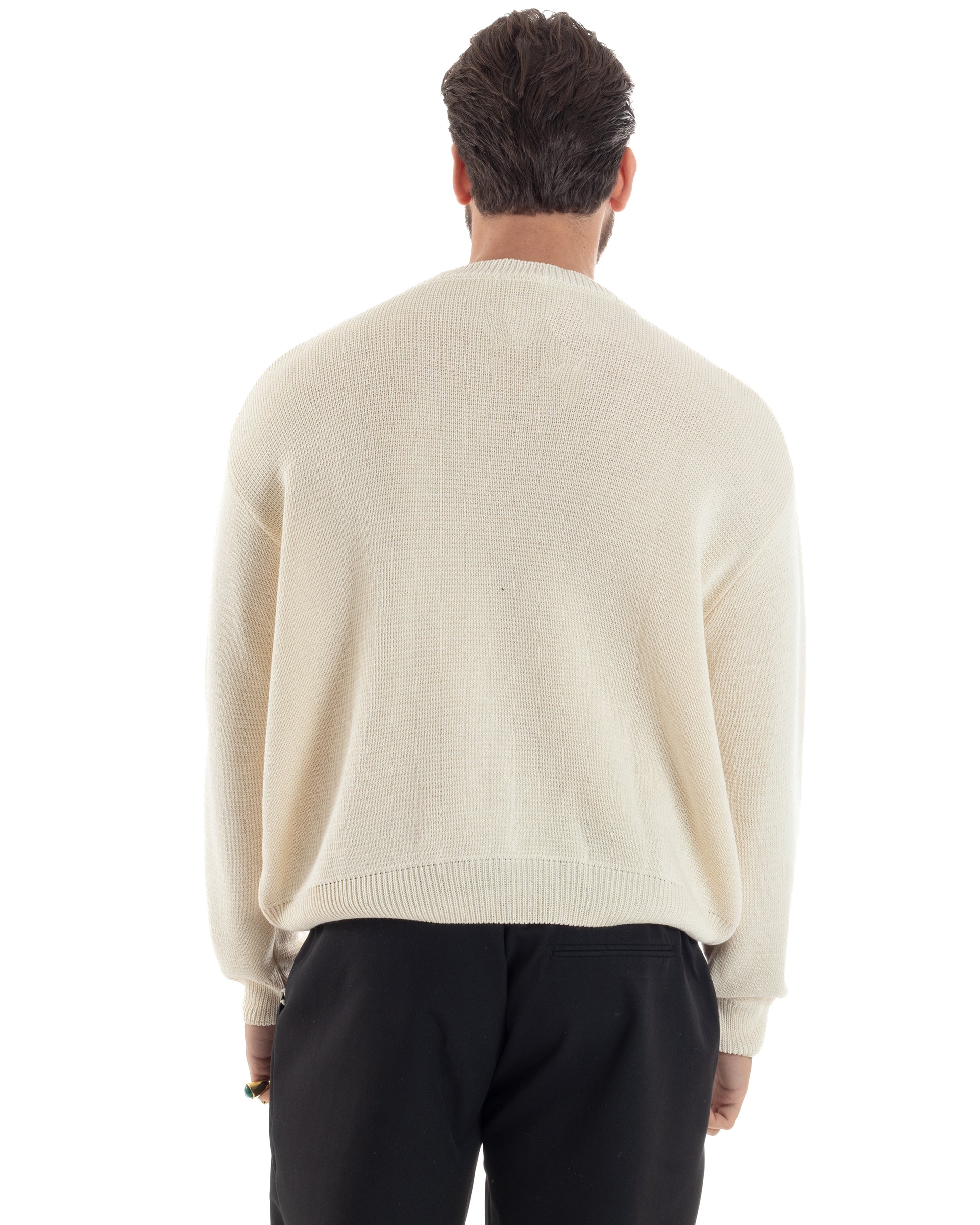 Maglia Uomo Girocollo Cropped Cotone Spalla Scesa Pullover Relaxed Fit Crop Basic Panna GIOSAL-M2967A