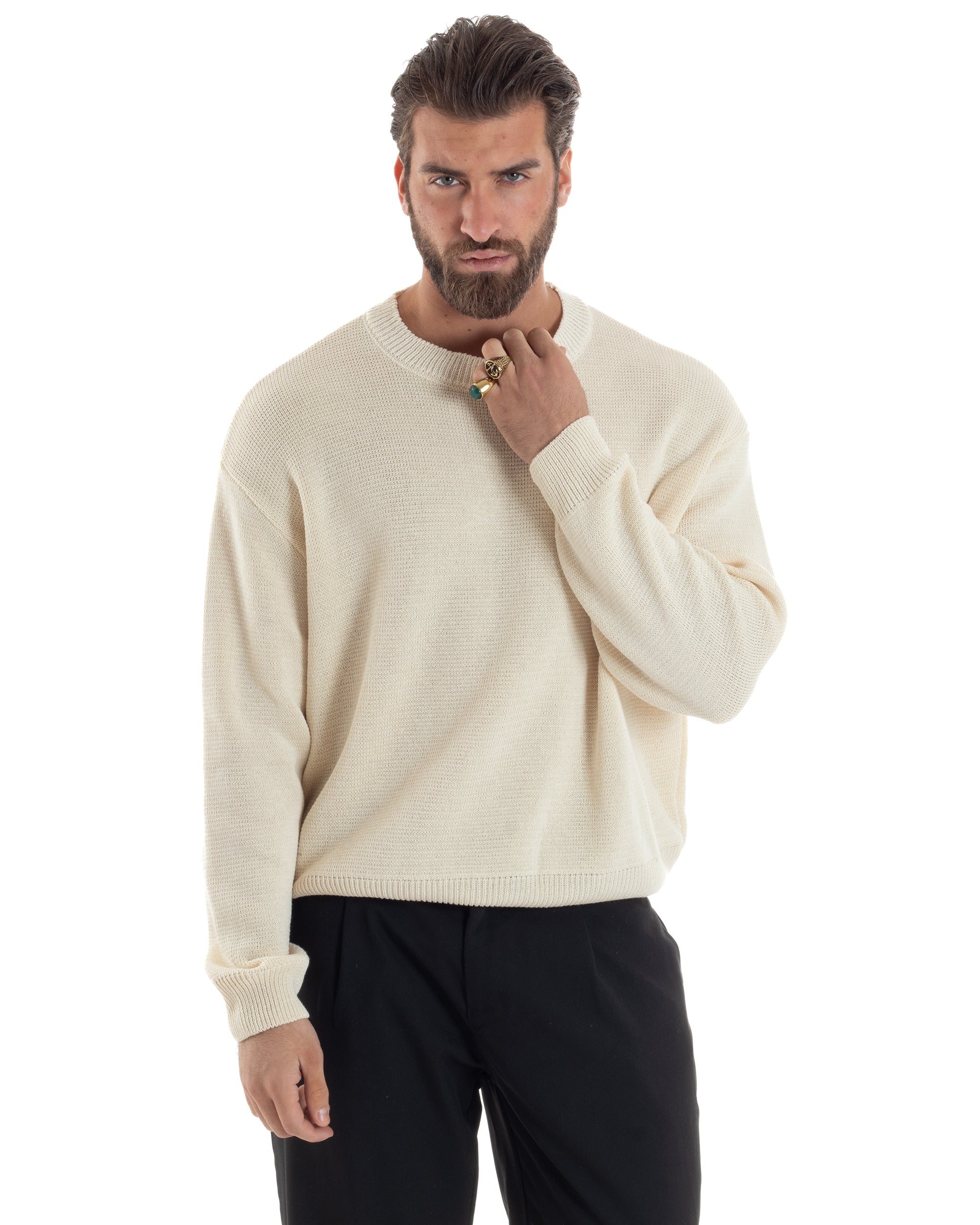 Maglia Uomo Girocollo Cropped Cotone Spalla Scesa Pullover Relaxed Fit Crop Basic Panna GIOSAL-M2967A