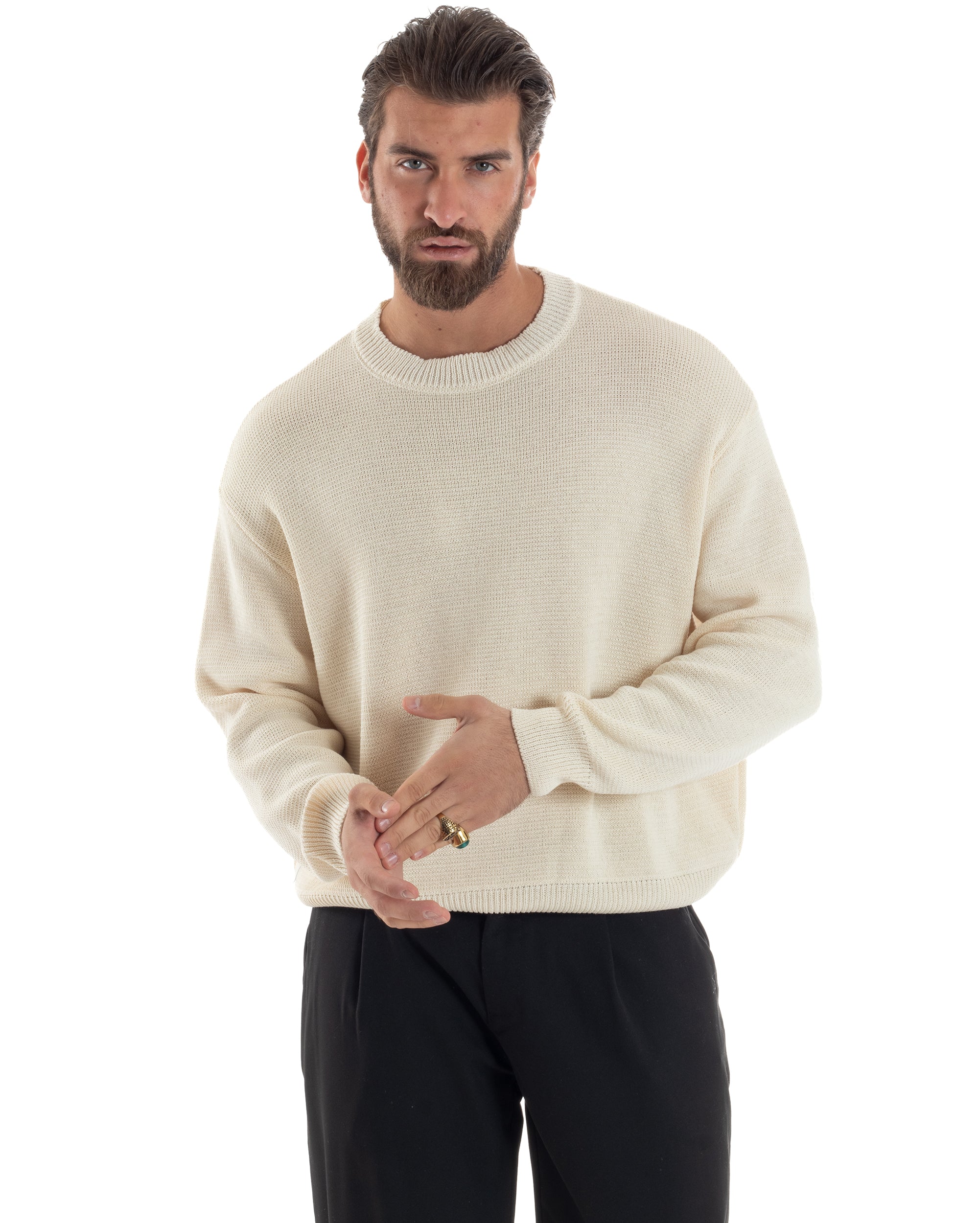 Maglia Uomo Girocollo Cropped Cotone Spalla Scesa Pullover Relaxed Fit Crop Basic Panna GIOSAL-M2967A