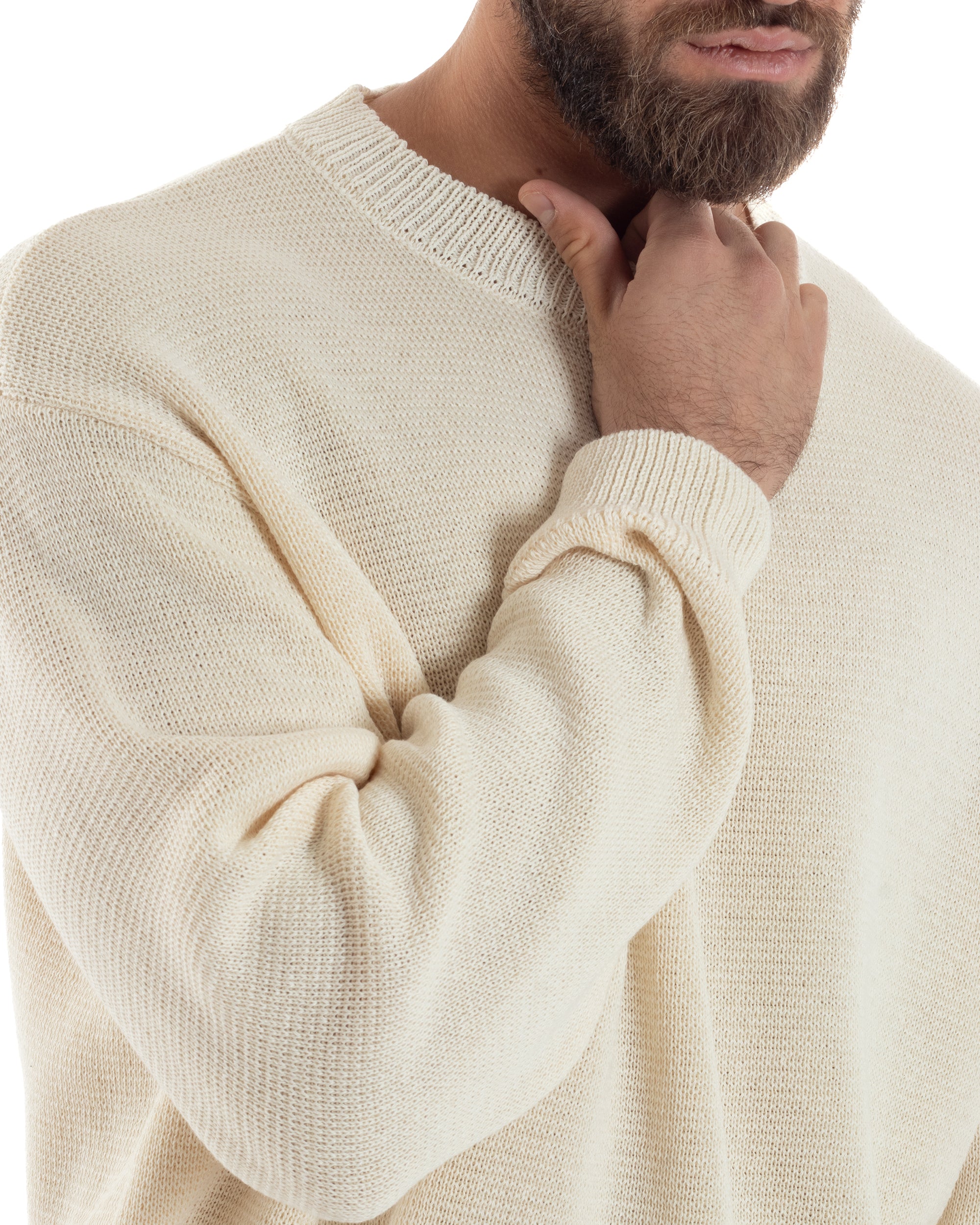 Maglia Uomo Girocollo Cropped Cotone Spalla Scesa Pullover Relaxed Fit Crop Basic Panna GIOSAL-M2967A