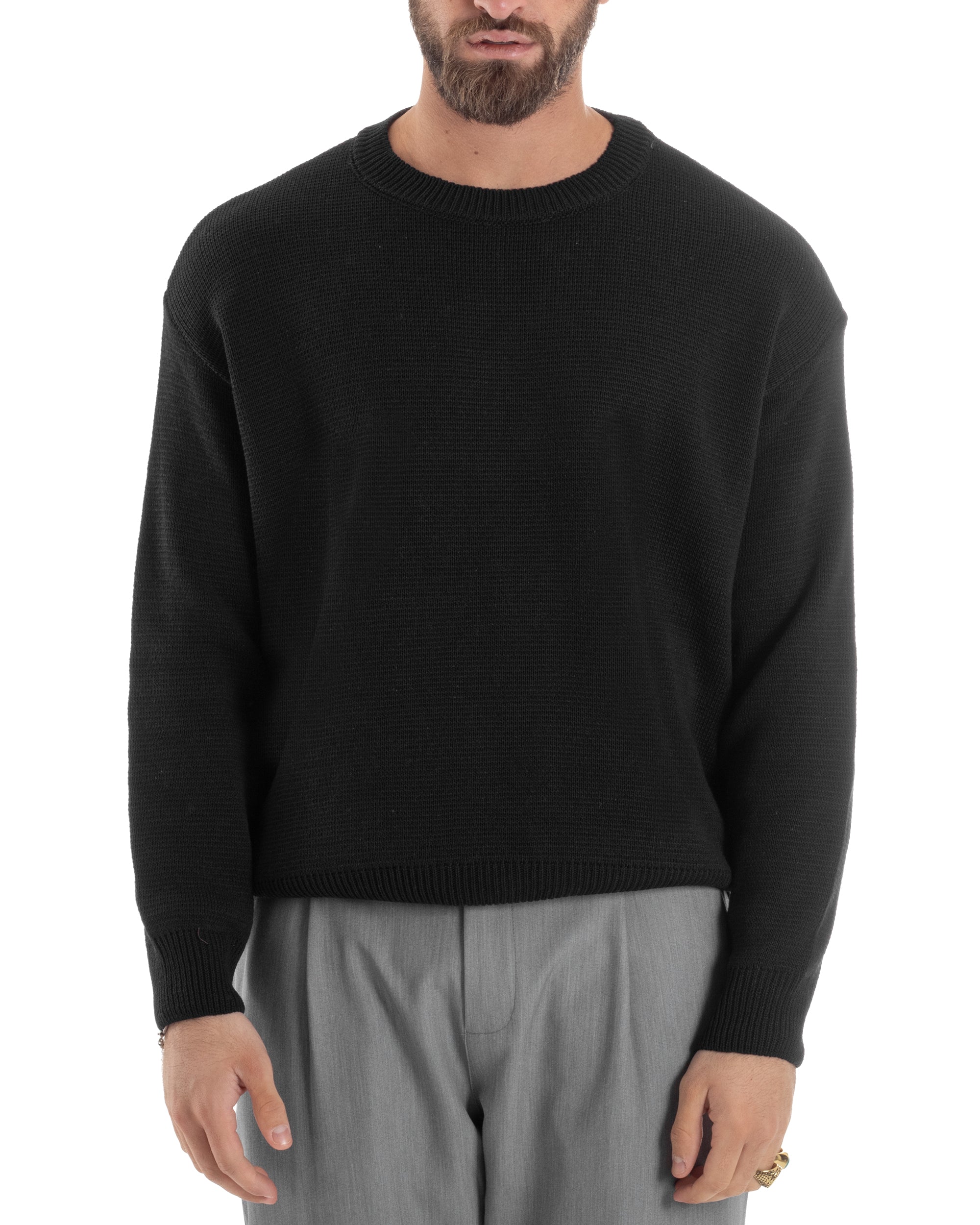 Maglia Uomo Girocollo Cropped Cotone Spalla Scesa Pullover Relaxed Fit Crop Basic Nero GIOSAL-M2968A