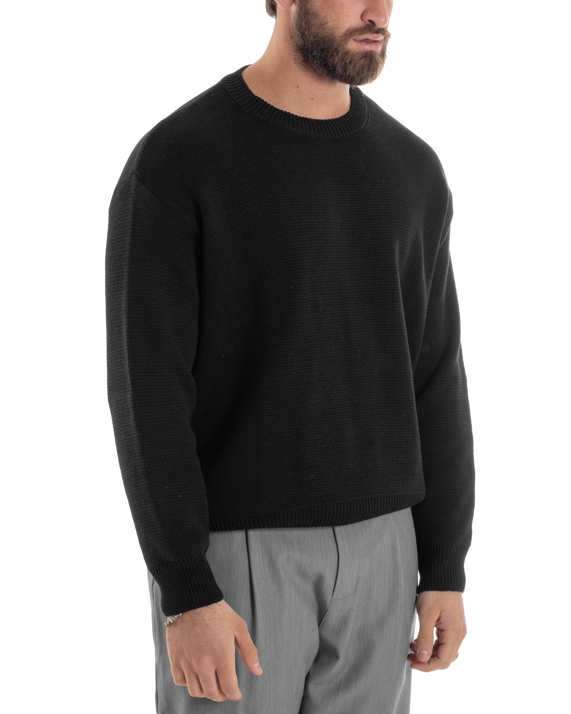 Maglia Uomo Girocollo Cropped Cotone Spalla Scesa Pullover Relaxed Fit Crop Basic Nero GIOSAL-M2968A