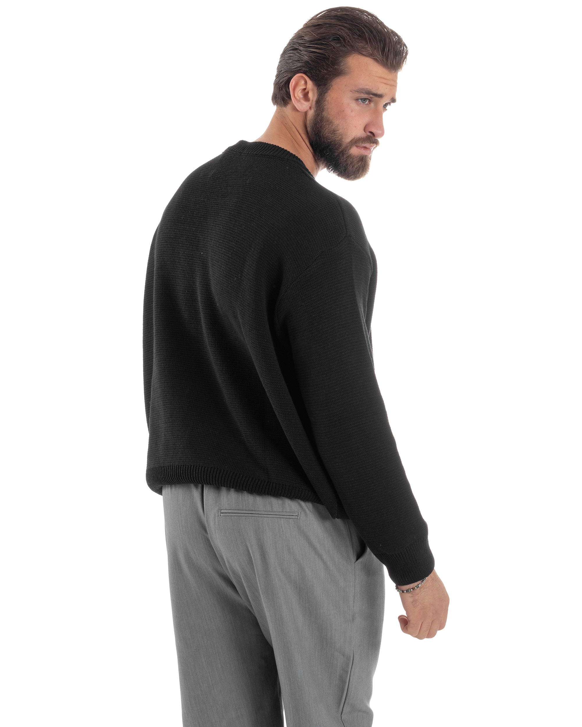 Maglia Uomo Girocollo Cropped Cotone Spalla Scesa Pullover Relaxed Fit Crop Basic Nero GIOSAL-M2968A