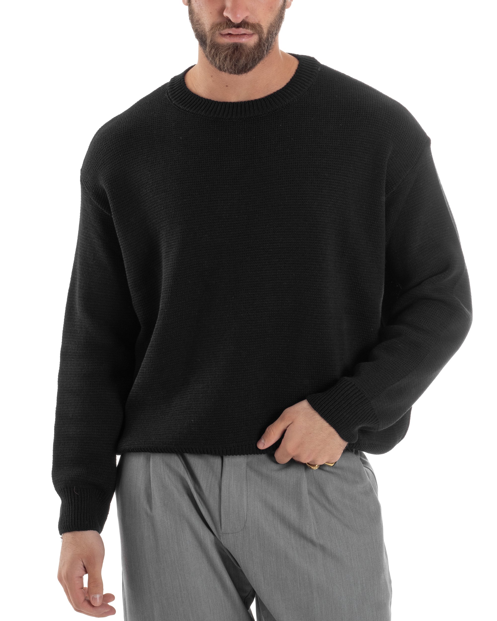 Maglia Uomo Girocollo Cropped Cotone Spalla Scesa Pullover Relaxed Fit Crop Basic Nero GIOSAL-M2968A