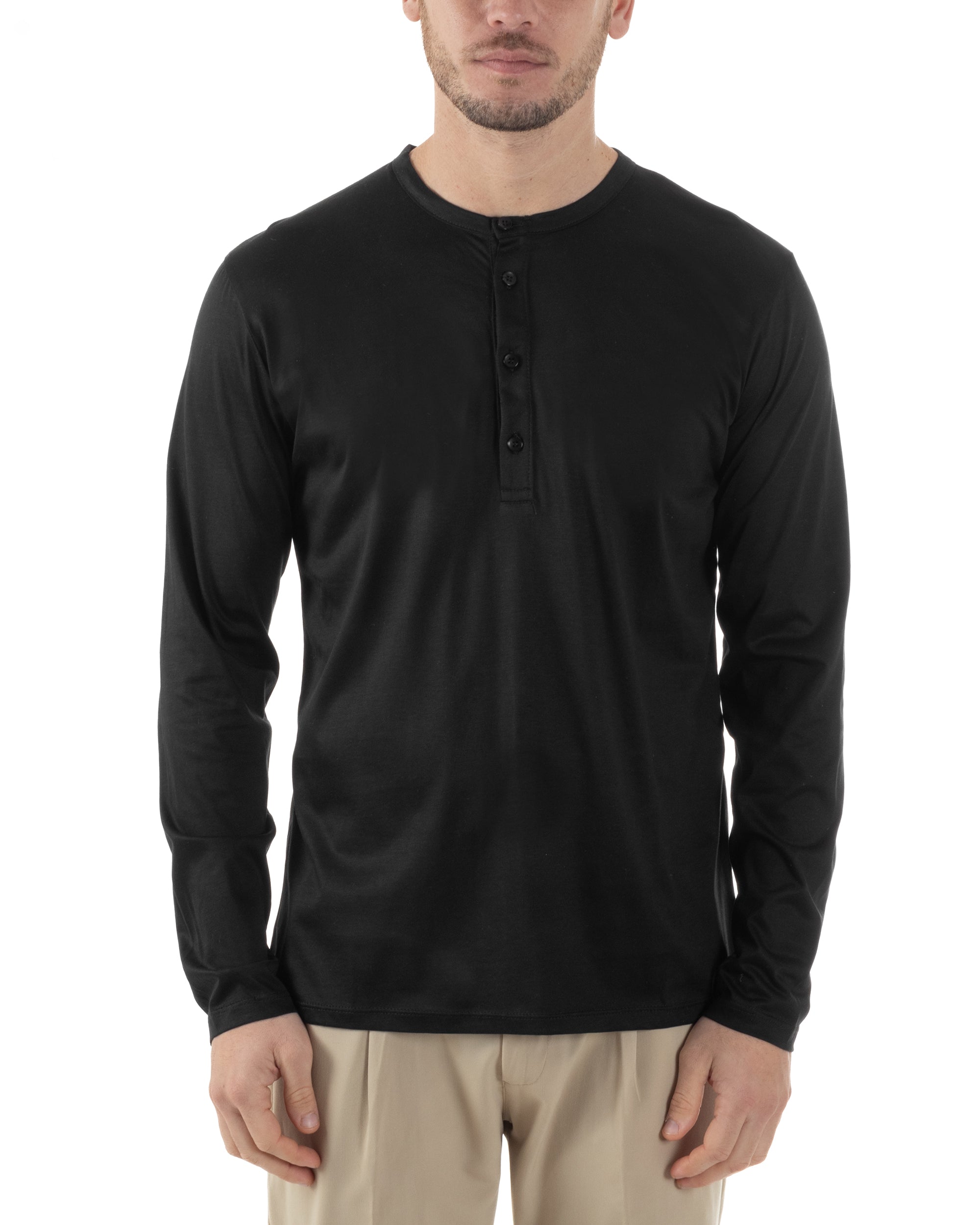 Maglia Uomo Maniche Lunghe Collo Serafino Con Bottoni Sottogiacca Girocollo Casual Tinta Unita Nero GIOSAL-M2971A