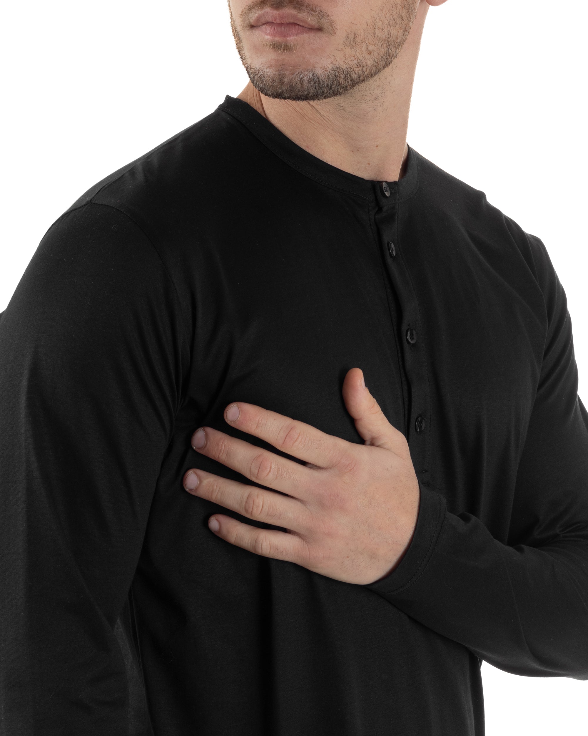 Maglia Uomo Maniche Lunghe Collo Serafino Con Bottoni Sottogiacca Girocollo Casual Tinta Unita Nero GIOSAL-M2971A