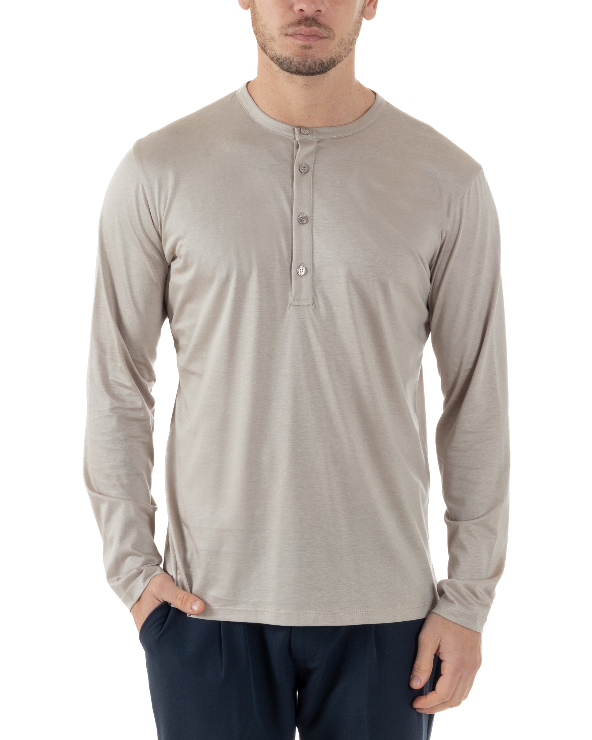 Maglia Uomo Maniche Lunghe Collo Serafino Con Bottoni Sottogiacca Girocollo Casual Tinta Unita Beige GIOSAL-M2972A