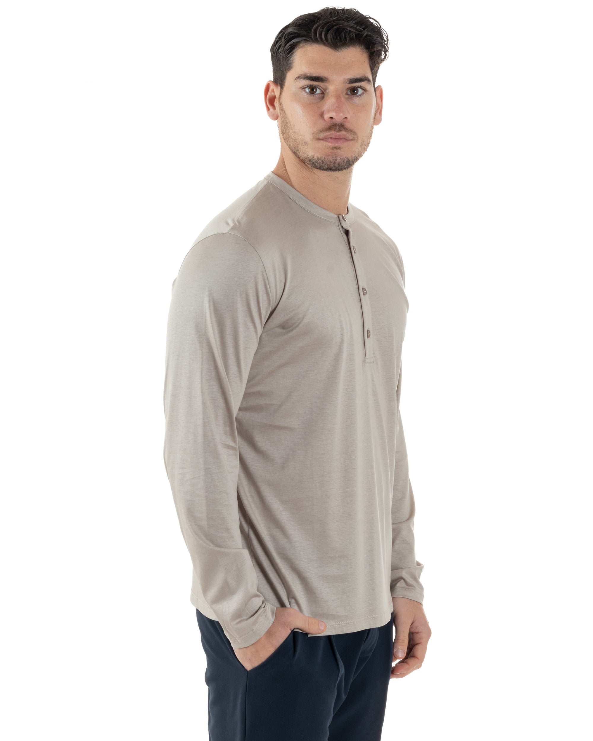 Maglia Uomo Maniche Lunghe Collo Serafino Con Bottoni Sottogiacca Girocollo Casual Tinta Unita Beige GIOSAL-M2972A