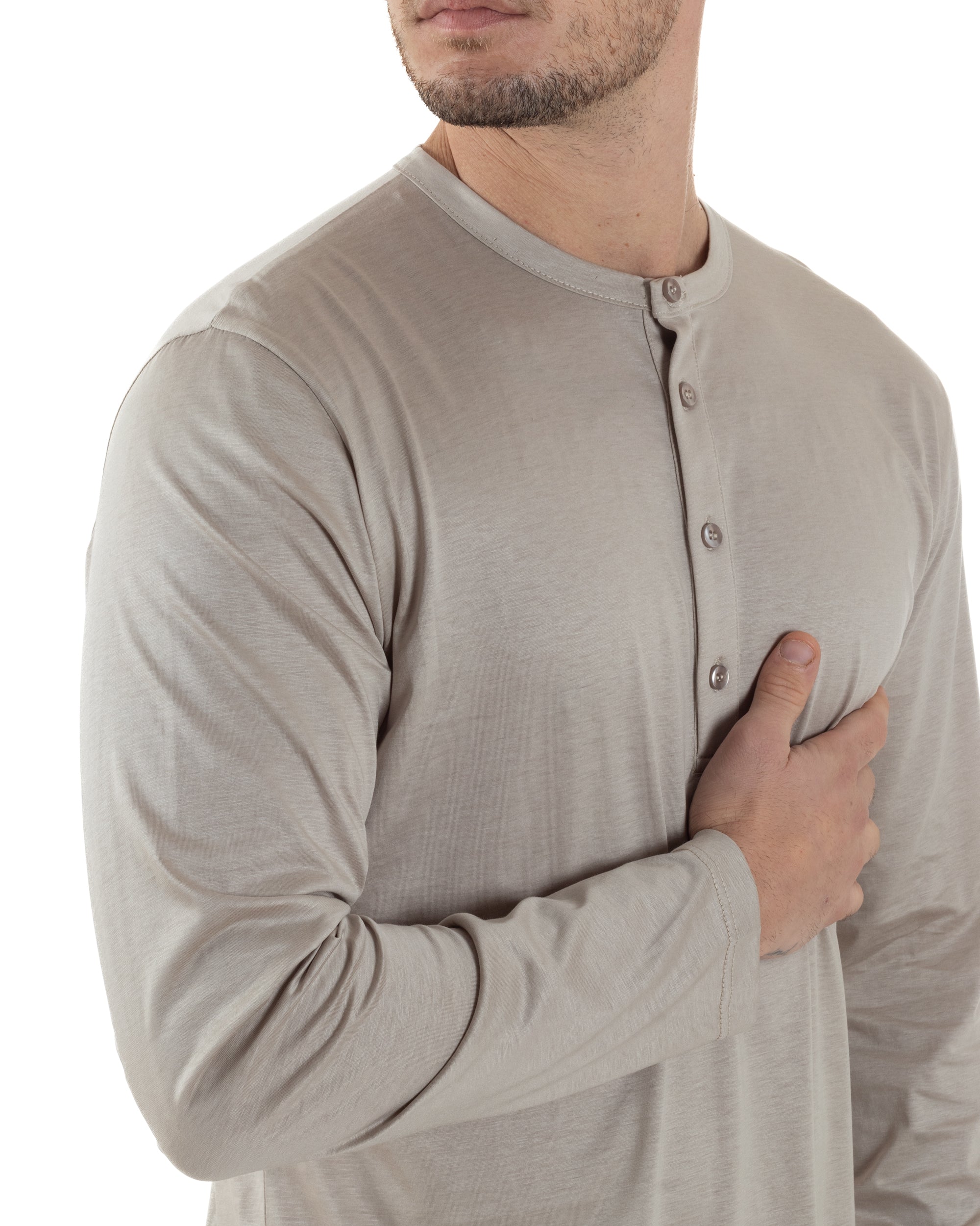 Maglia Uomo Maniche Lunghe Collo Serafino Con Bottoni Sottogiacca Girocollo Casual Tinta Unita Beige GIOSAL-M2972A