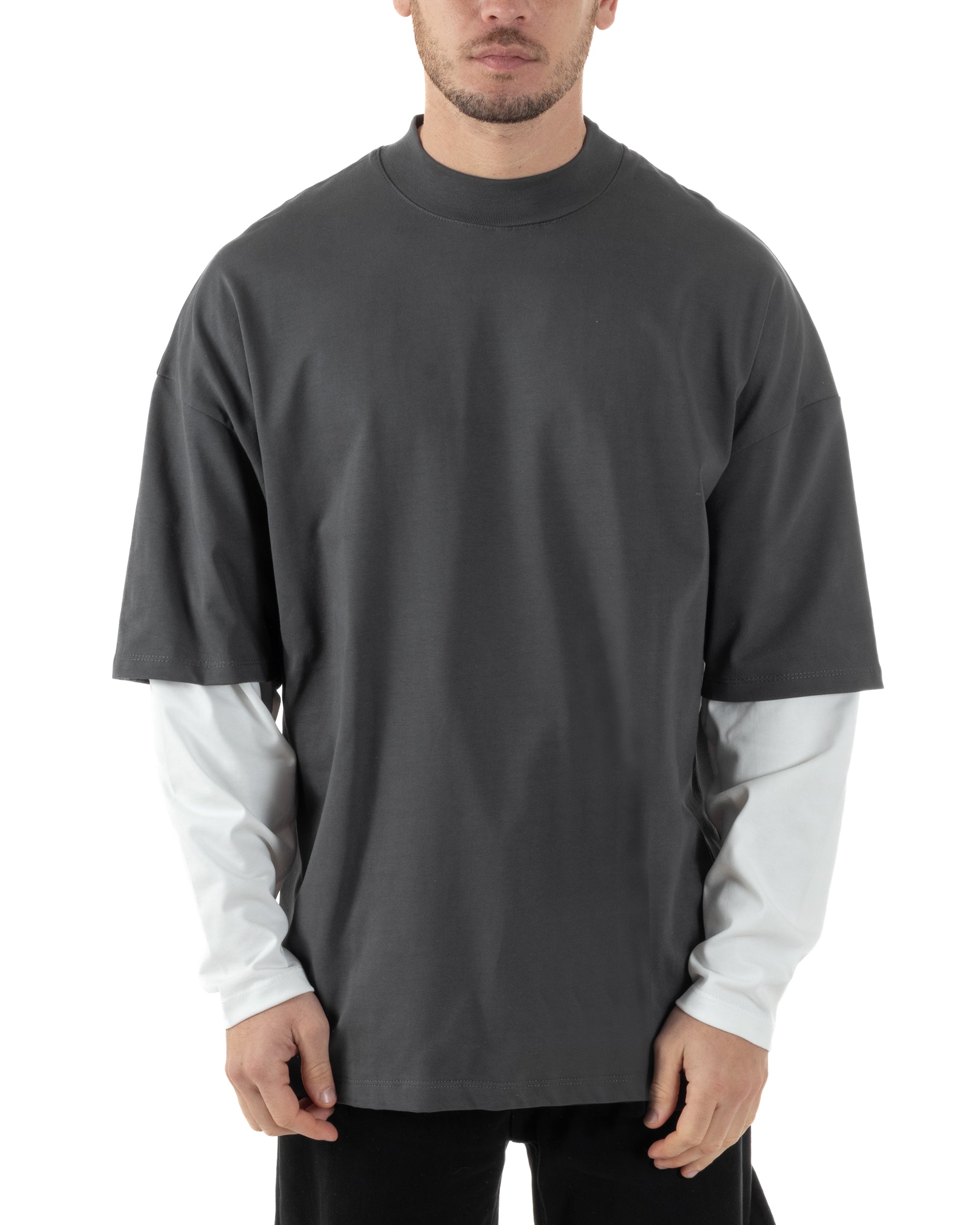 Maglia Uomo Girocollo T-Shirt Maniche Lunghe Combinate Long Sleeve Bicolore Oversize Comoda Grigio GIOSAL-M2973A