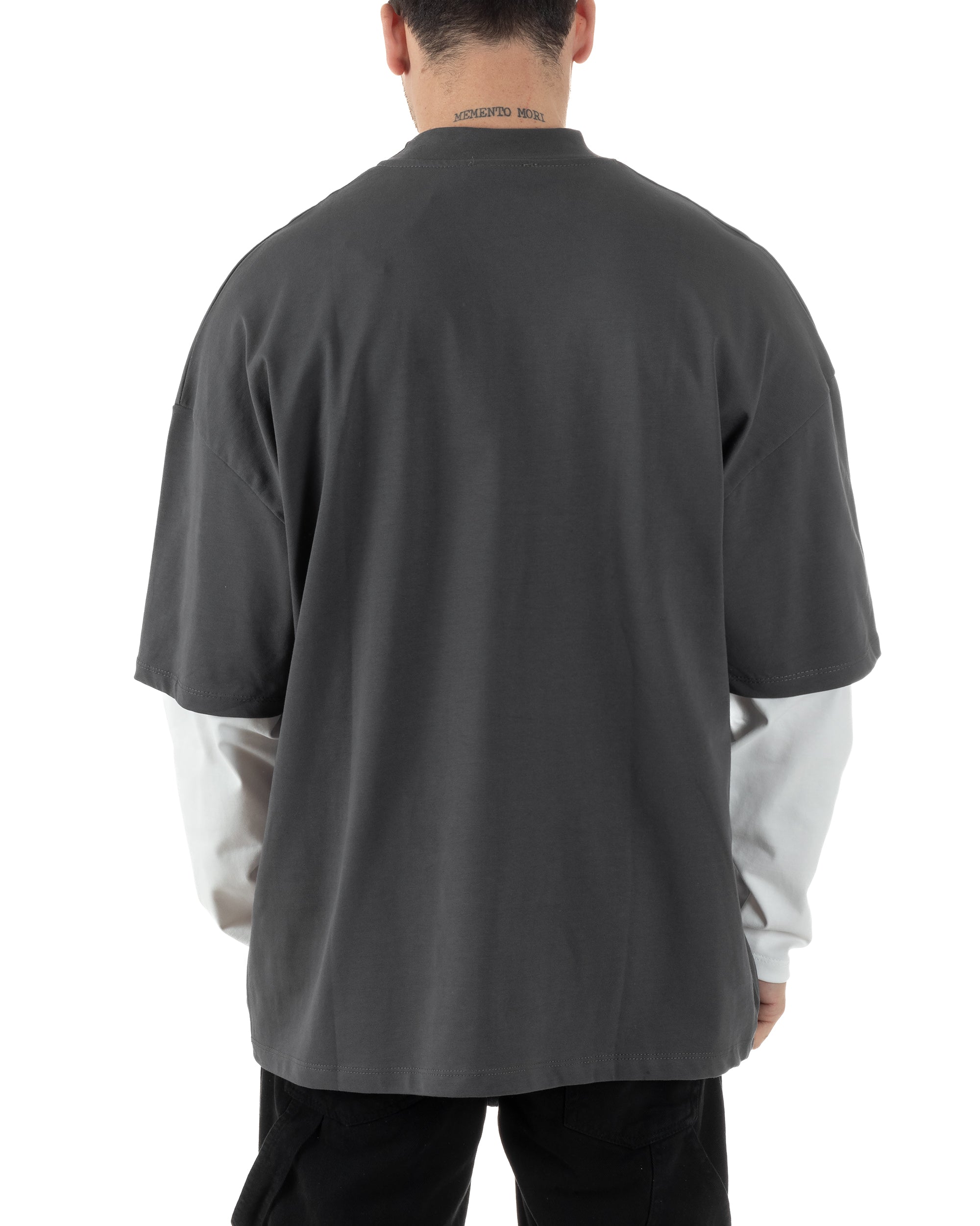 Maglia Uomo Girocollo T-Shirt Maniche Lunghe Combinate Long Sleeve Bicolore Oversize Comoda Grigio GIOSAL-M2973A