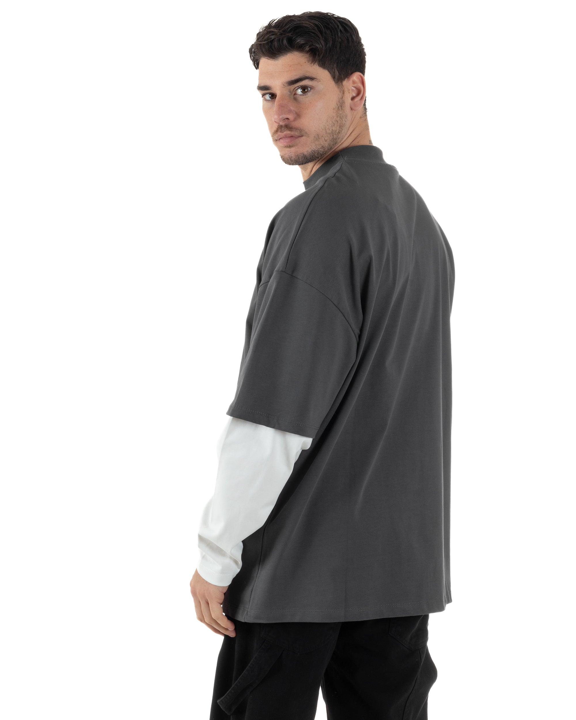 Maglia Uomo Girocollo T-Shirt Maniche Lunghe Combinate Long Sleeve Bicolore Oversize Comoda Grigio GIOSAL-M2973A