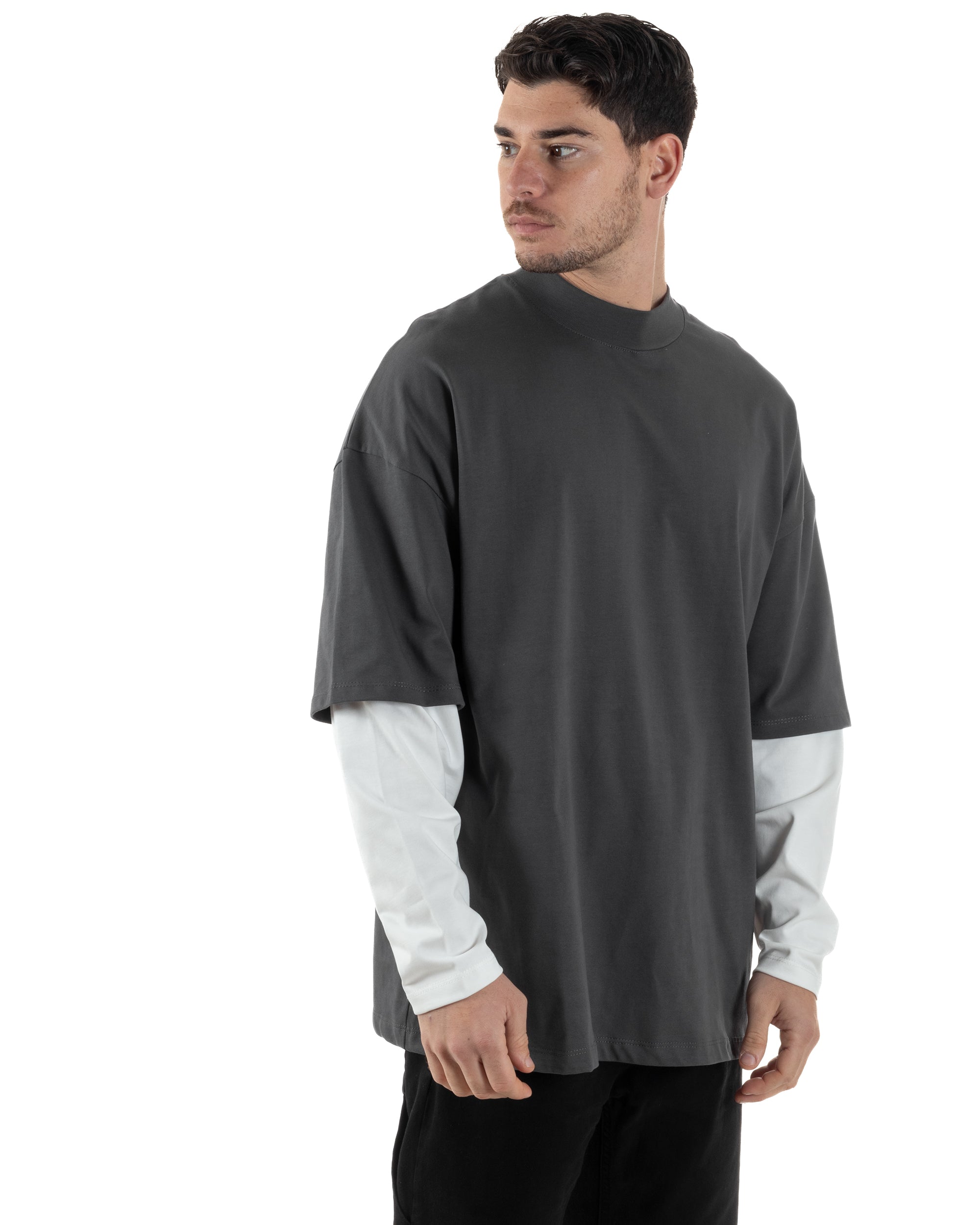Maglia Uomo Girocollo T-Shirt Maniche Lunghe Combinate Long Sleeve Bicolore Oversize Comoda Grigio GIOSAL-M2973A