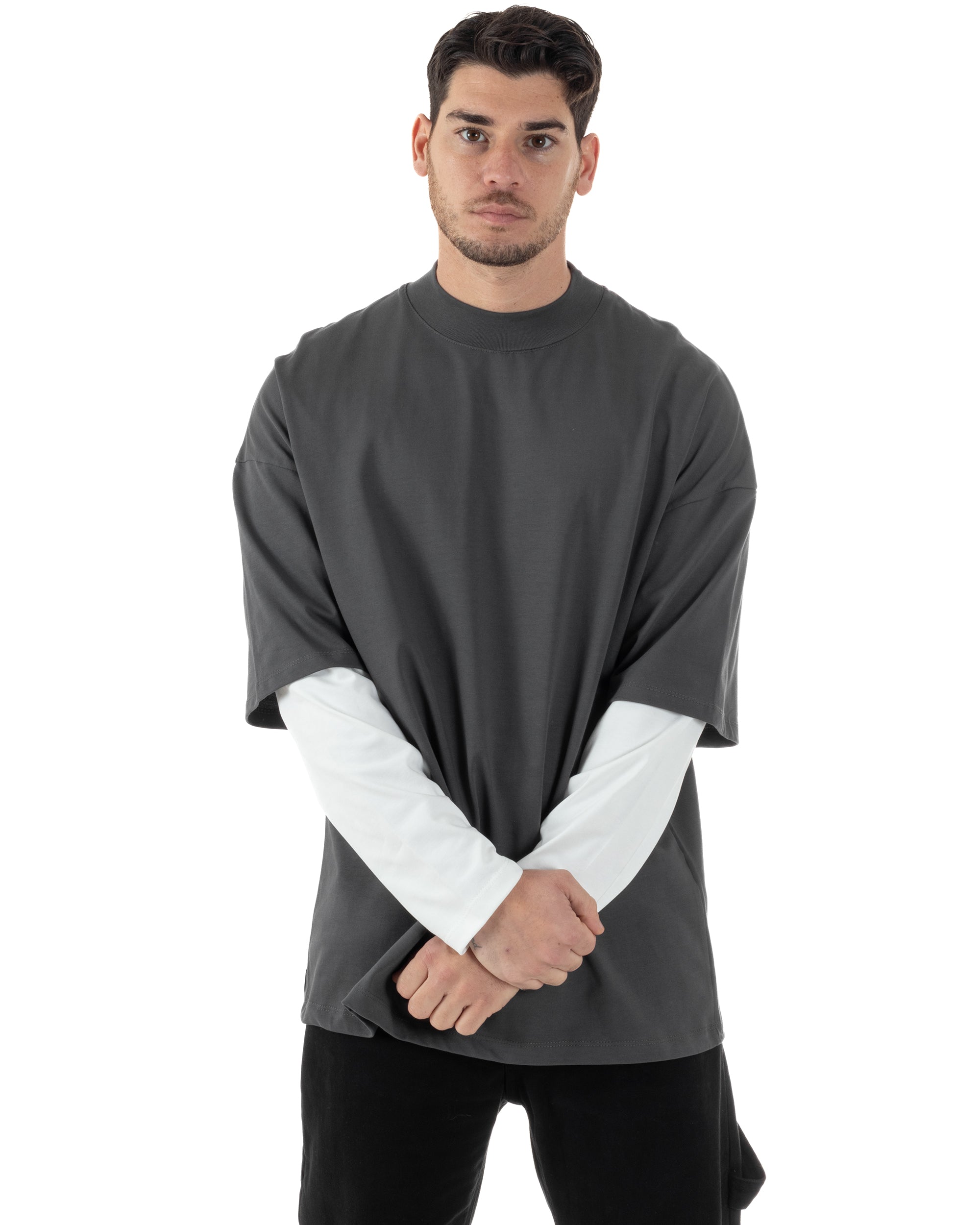 Maglia Uomo Girocollo T-Shirt Maniche Lunghe Combinate Long Sleeve Bicolore Oversize Comoda Grigio GIOSAL-M2973A