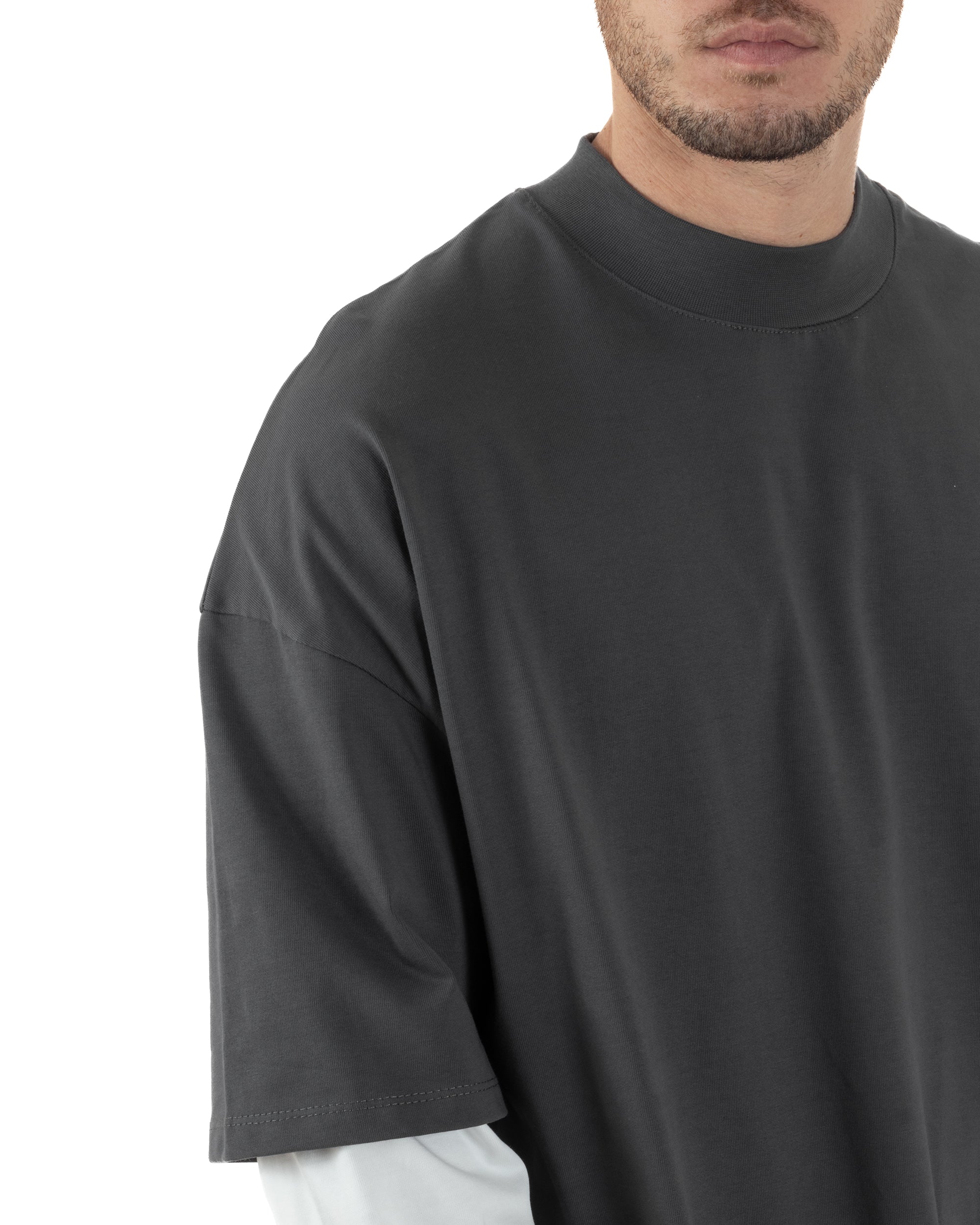 Maglia Uomo Girocollo T-Shirt Maniche Lunghe Combinate Long Sleeve Bicolore Oversize Comoda Grigio GIOSAL-M2973A