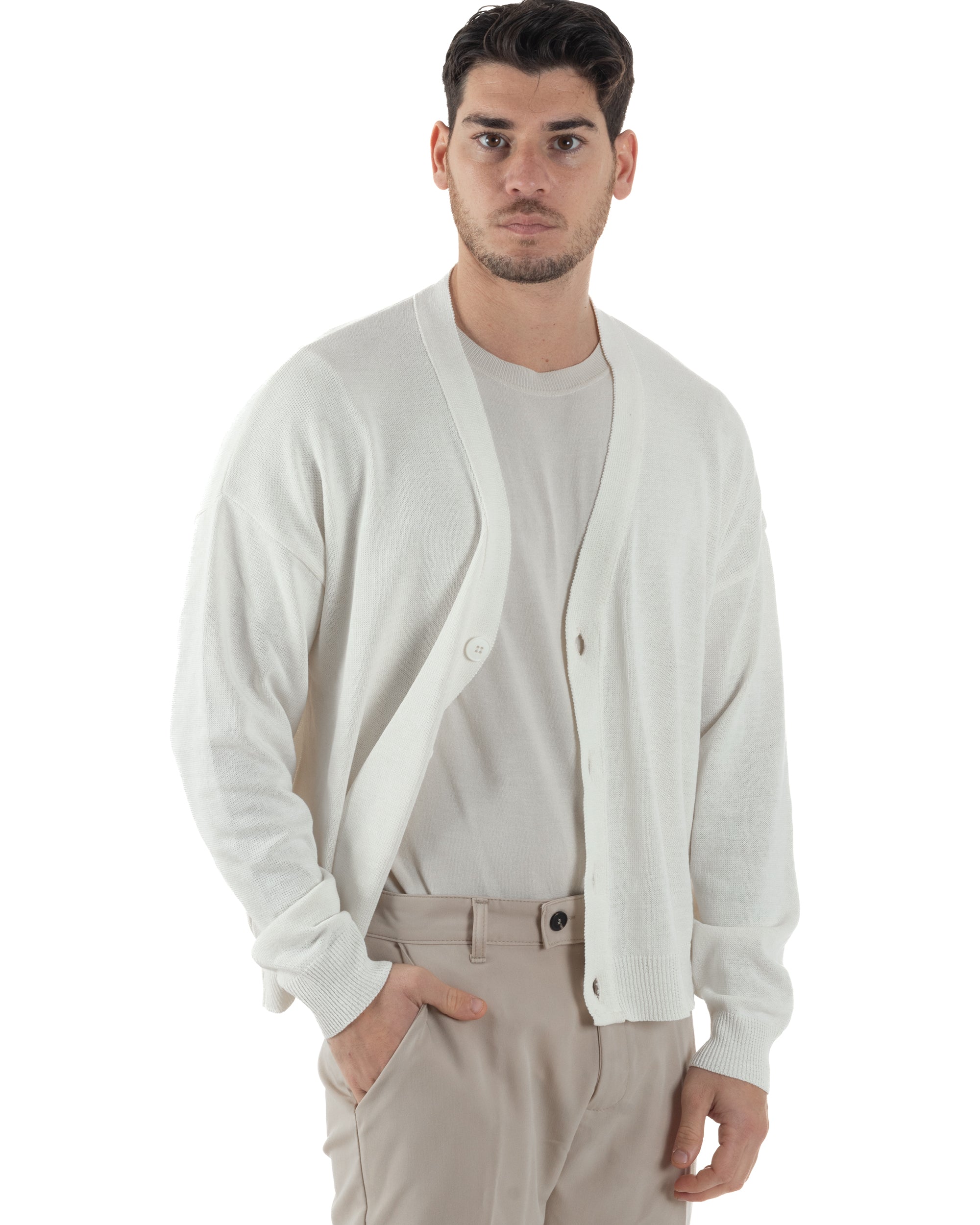 Cardigan Uomo Filo Scollo V Maglia Cropped Maglioncino Boxy Fit Giacca Cotone Con Bottoni Casual Bianco GIOSAL-M2979A