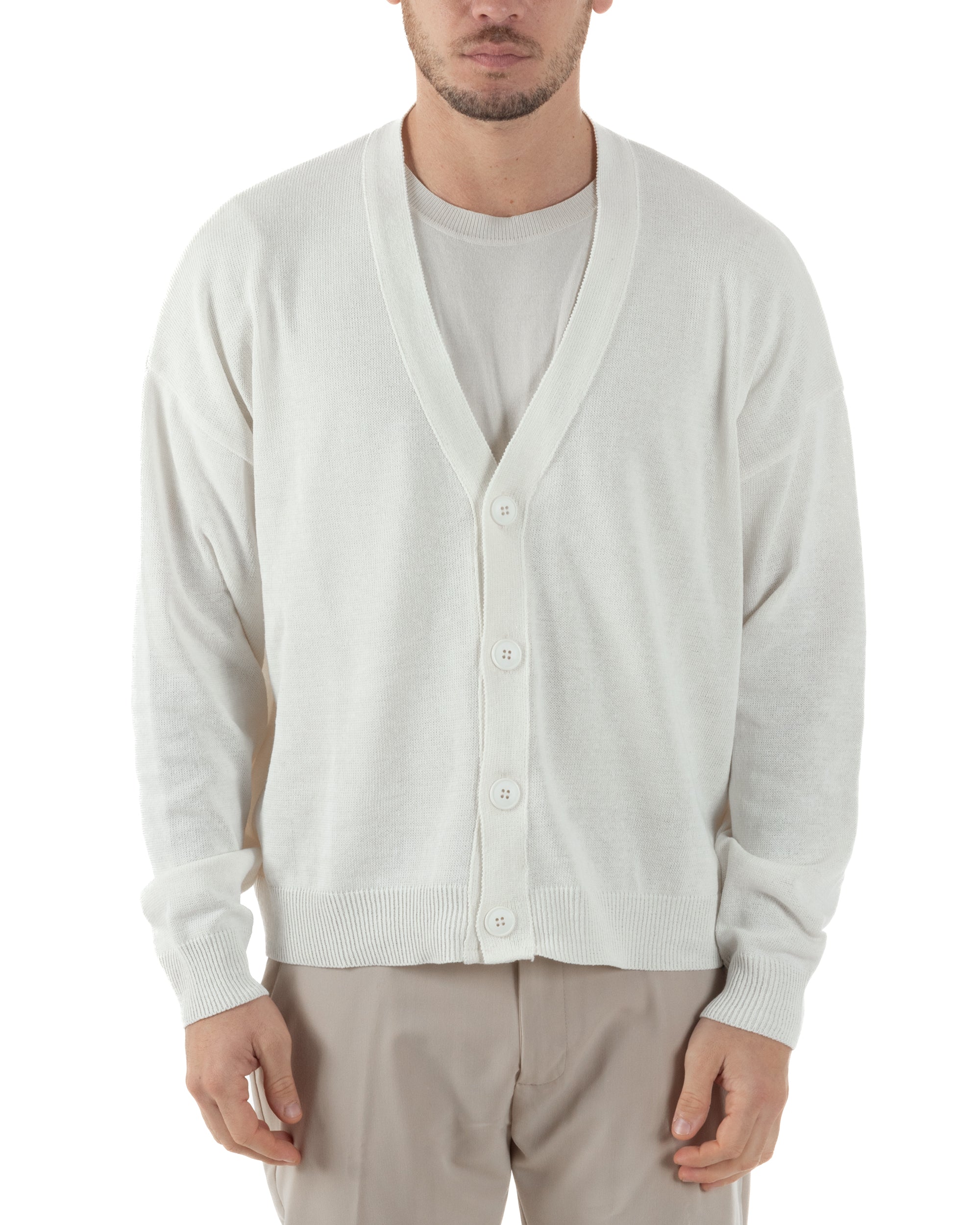 Cardigan Uomo Filo Scollo V Maglia Cropped Maglioncino Boxy Fit Giacca Cotone Con Bottoni Casual Bianco GIOSAL-M2979A