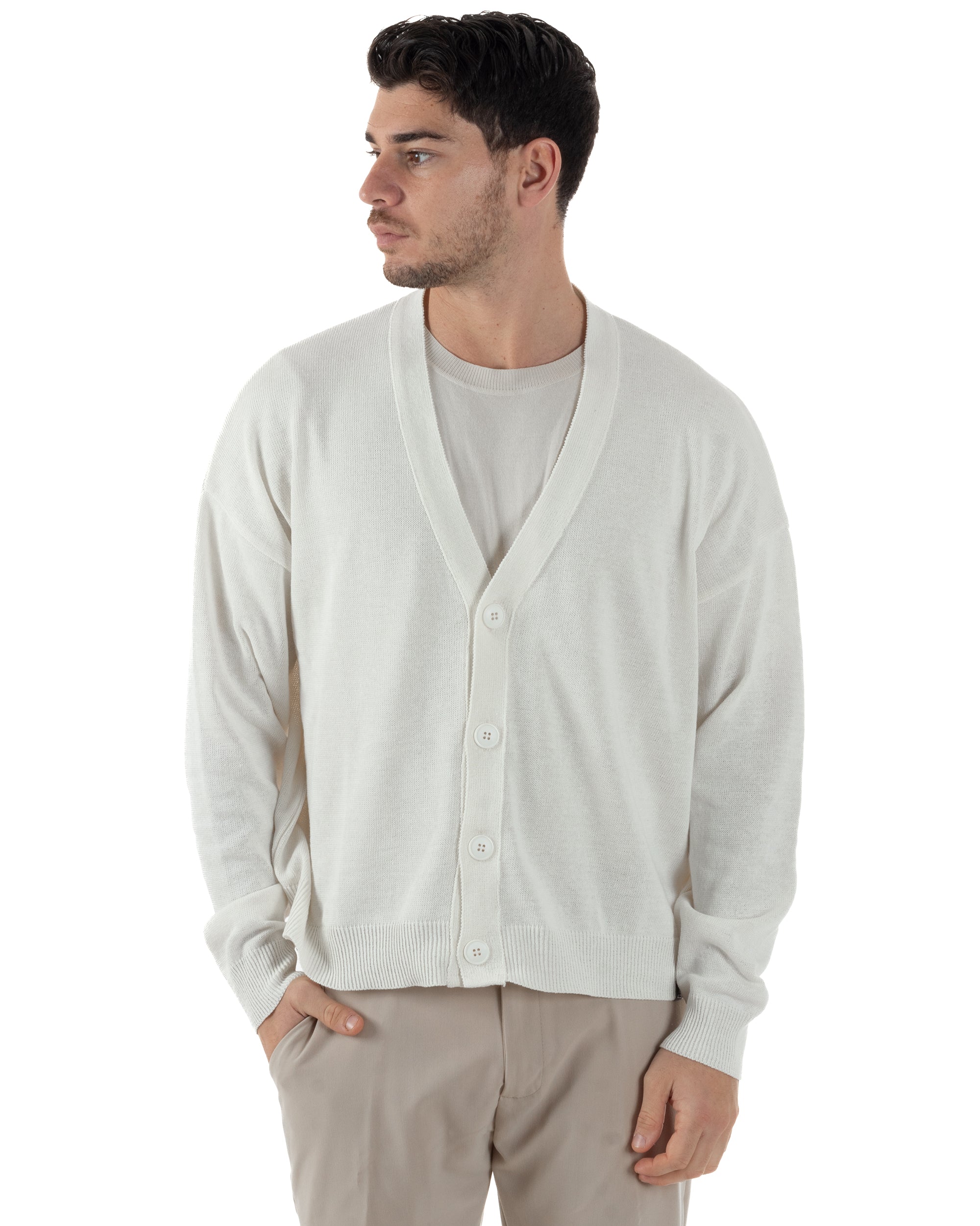 Cardigan Uomo Filo Scollo V Maglia Cropped Maglioncino Boxy Fit Giacca Cotone Con Bottoni Casual Bianco GIOSAL-M2979A