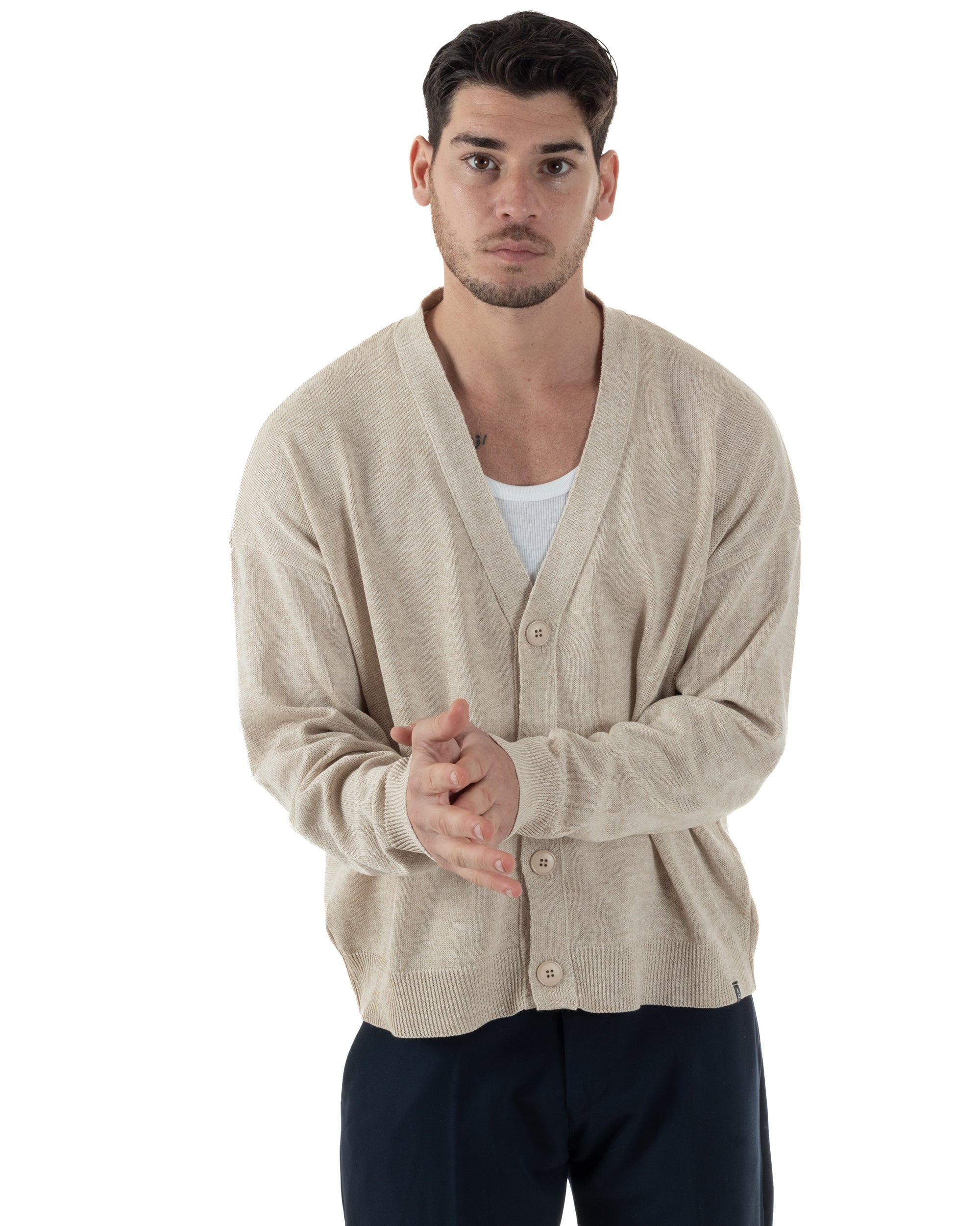 Cardigan Uomo Filo Scollo V Maglia Cropped Maglioncino Boxy Fit Giacca Cotone Con Bottoni Casual Beige GIOSAL-M2981A