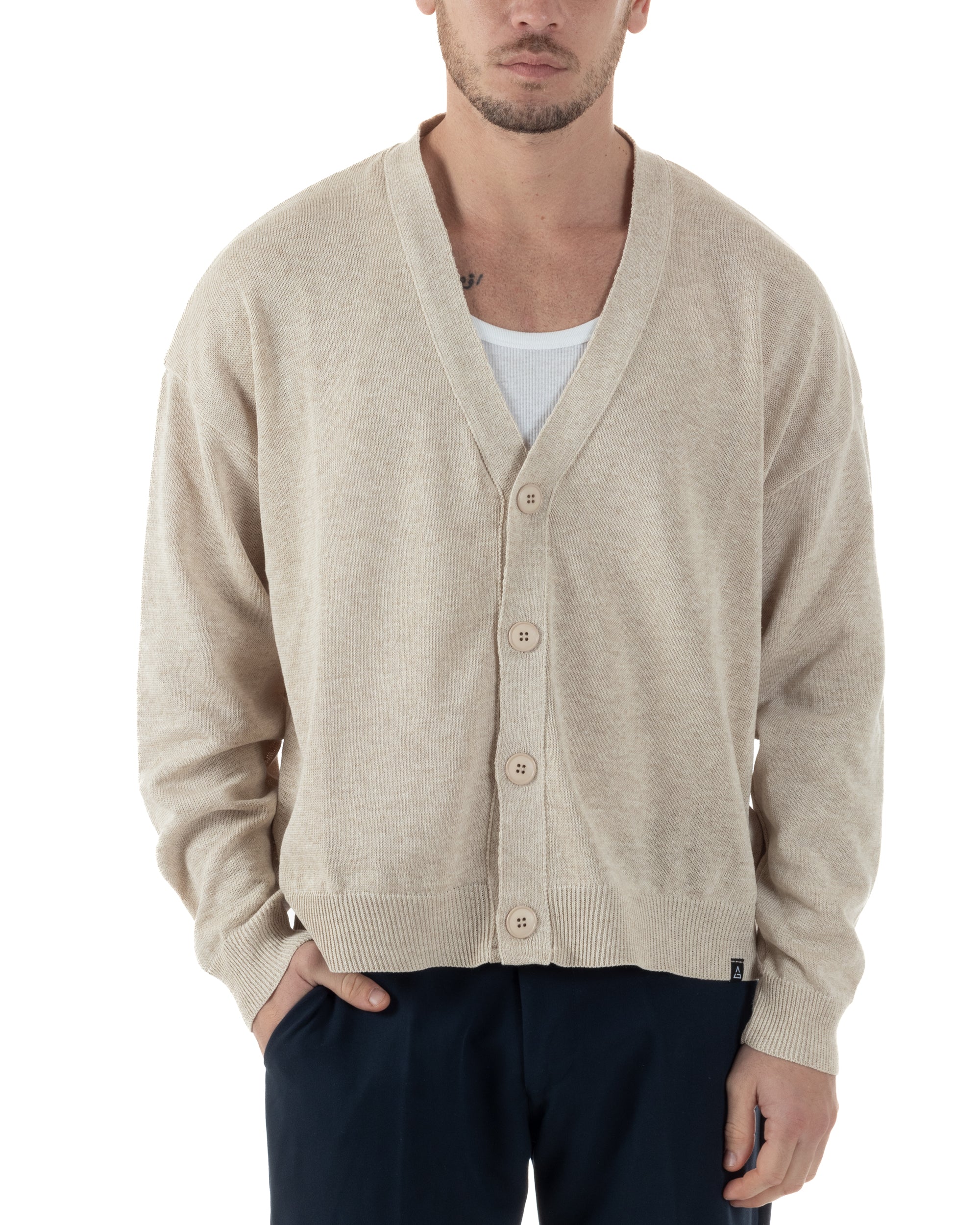 Cardigan Uomo Filo Scollo V Maglia Cropped Maglioncino Boxy Fit Giacca Cotone Con Bottoni Casual Beige GIOSAL-M2981A