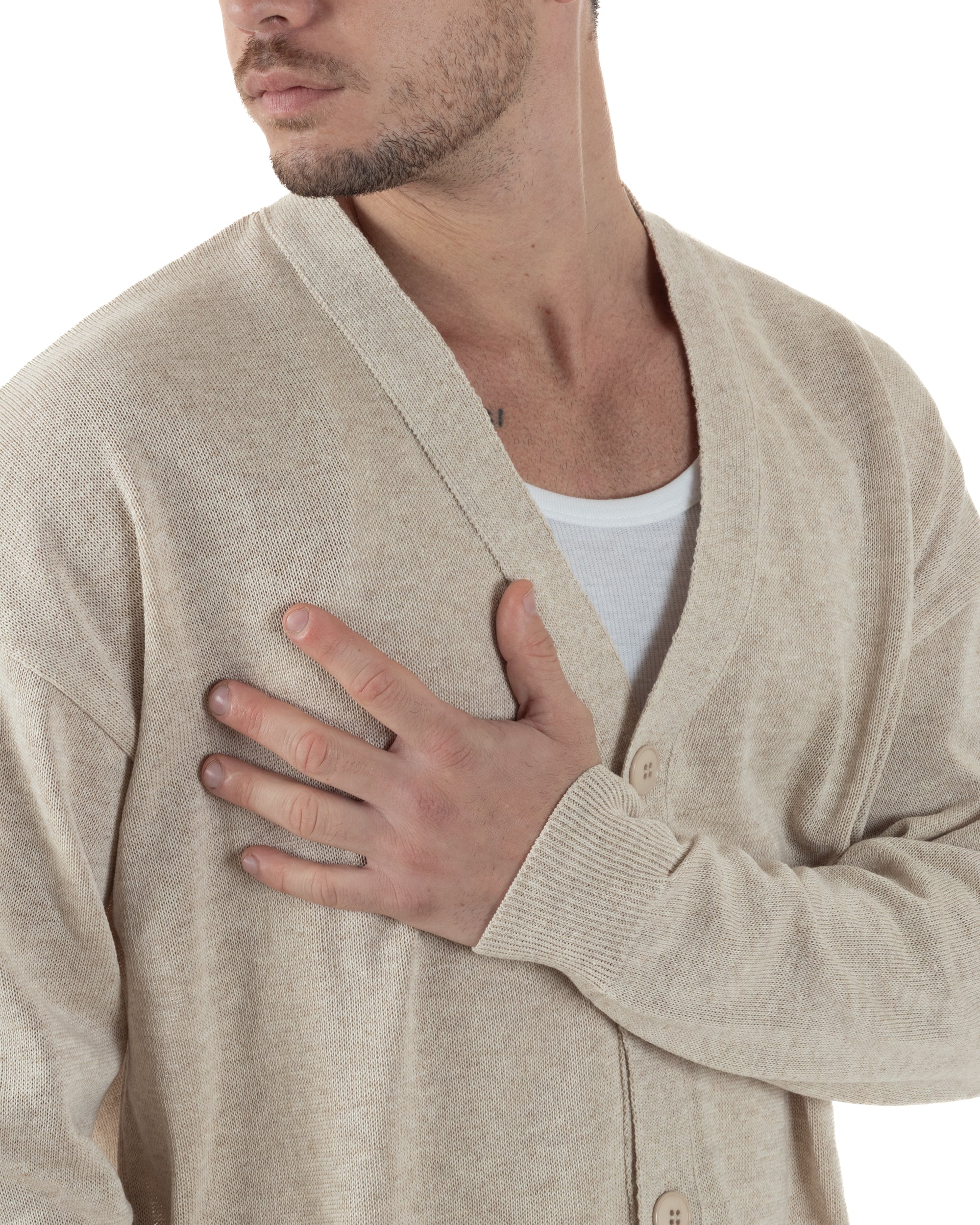 Cardigan Uomo Filo Scollo V Maglia Cropped Maglioncino Boxy Fit Giacca Cotone Con Bottoni Casual Beige GIOSAL-M2981A