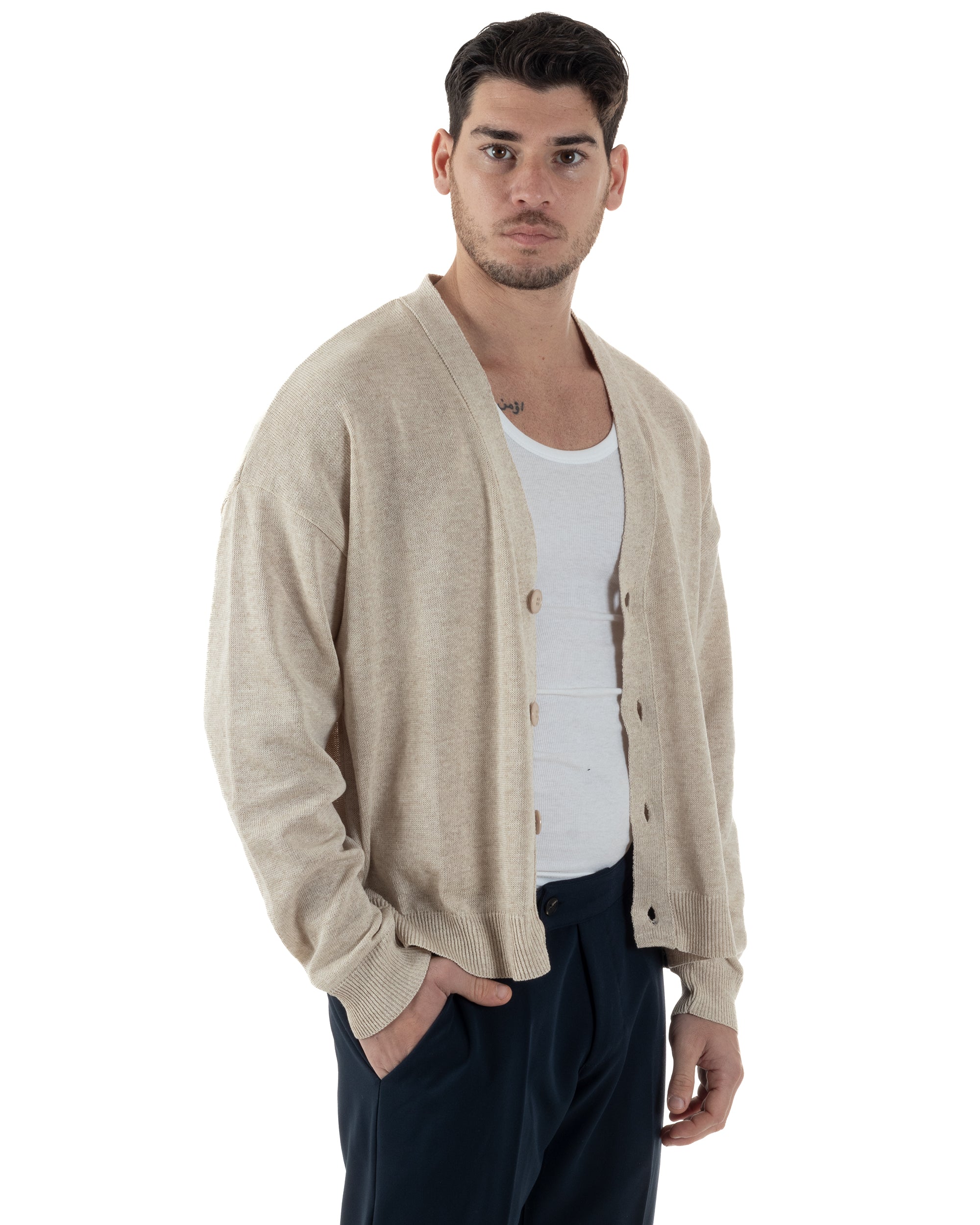 Cardigan Uomo Filo Scollo V Maglia Cropped Maglioncino Boxy Fit Giacca Cotone Con Bottoni Casual Beige GIOSAL-M2981A