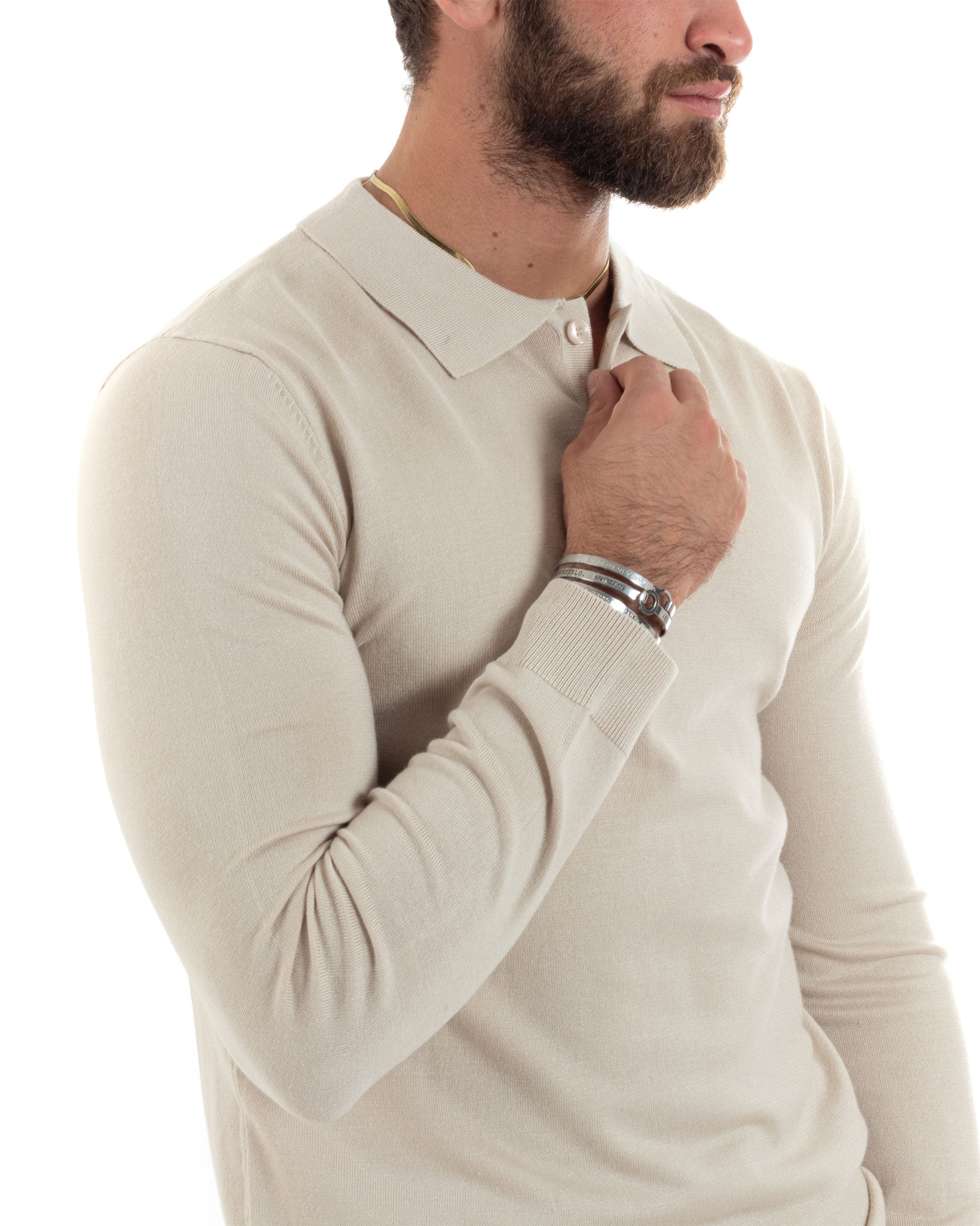 Maglioncino Uomo Polo Basic Casual Maglia Con Colletto Filo Cotone Tinta Unita Beige GIOSAL-M2982A