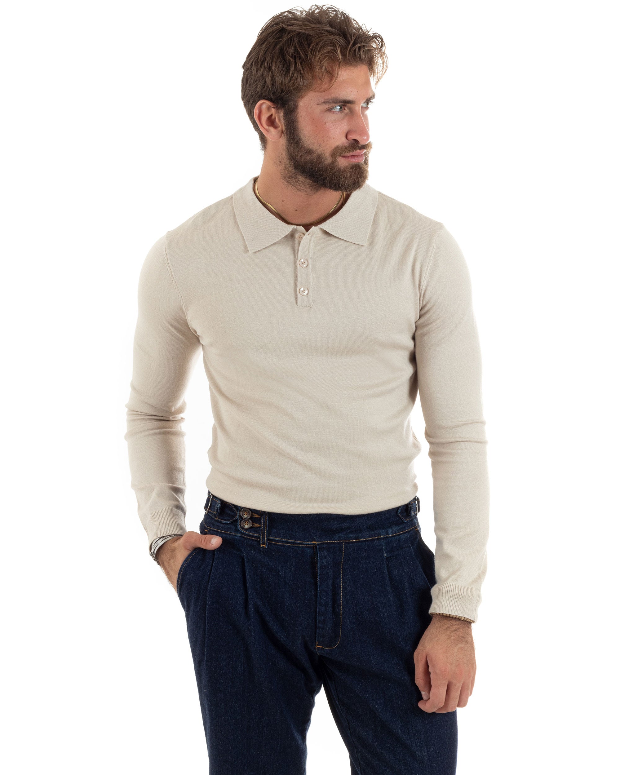 Maglioncino Uomo Polo Basic Casual Maglia Con Colletto Filo Cotone Tinta Unita Beige GIOSAL-M2982A