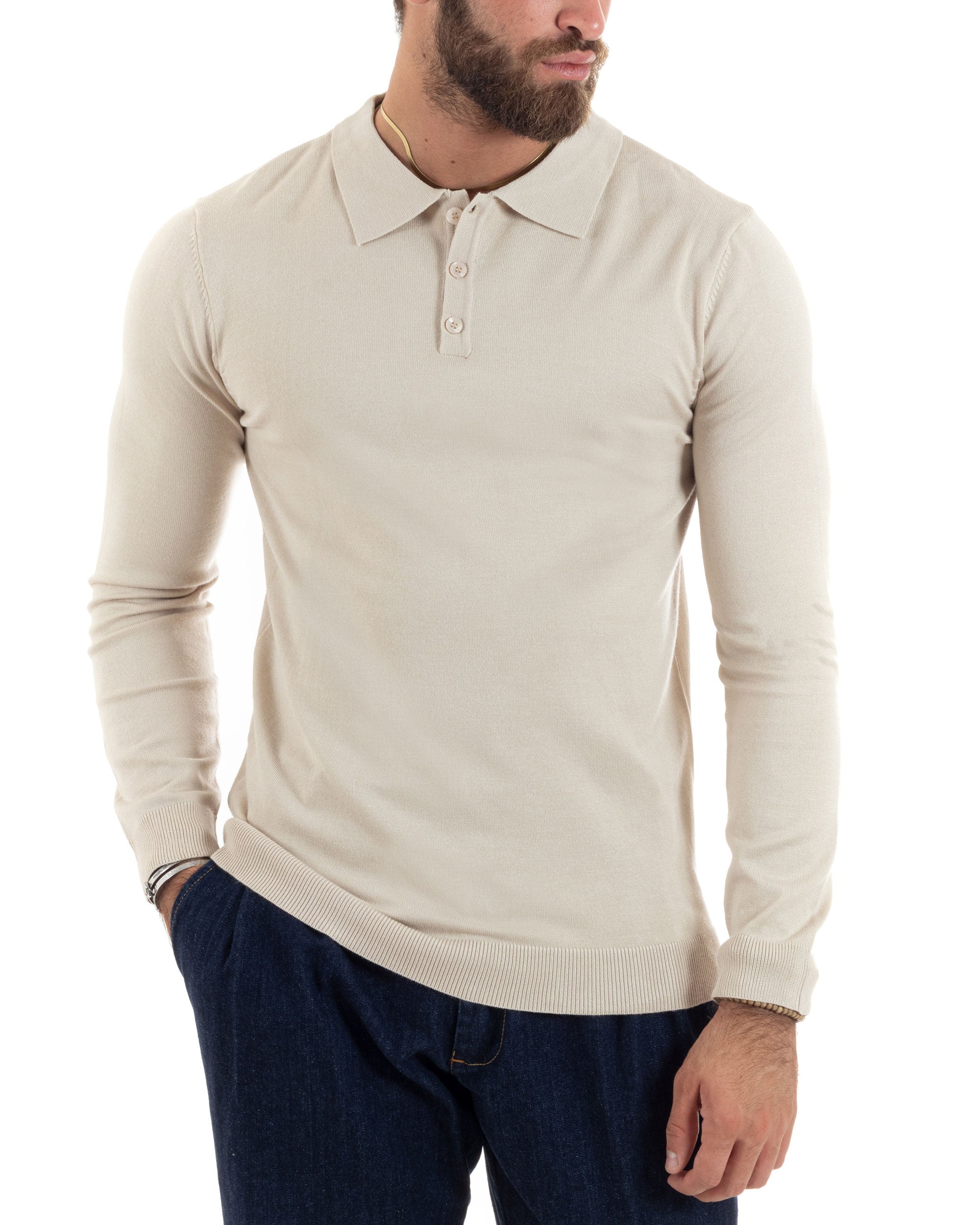 Maglioncino Uomo Polo Basic Casual Maglia Con Colletto Filo Cotone Tinta Unita Beige GIOSAL-M2982A