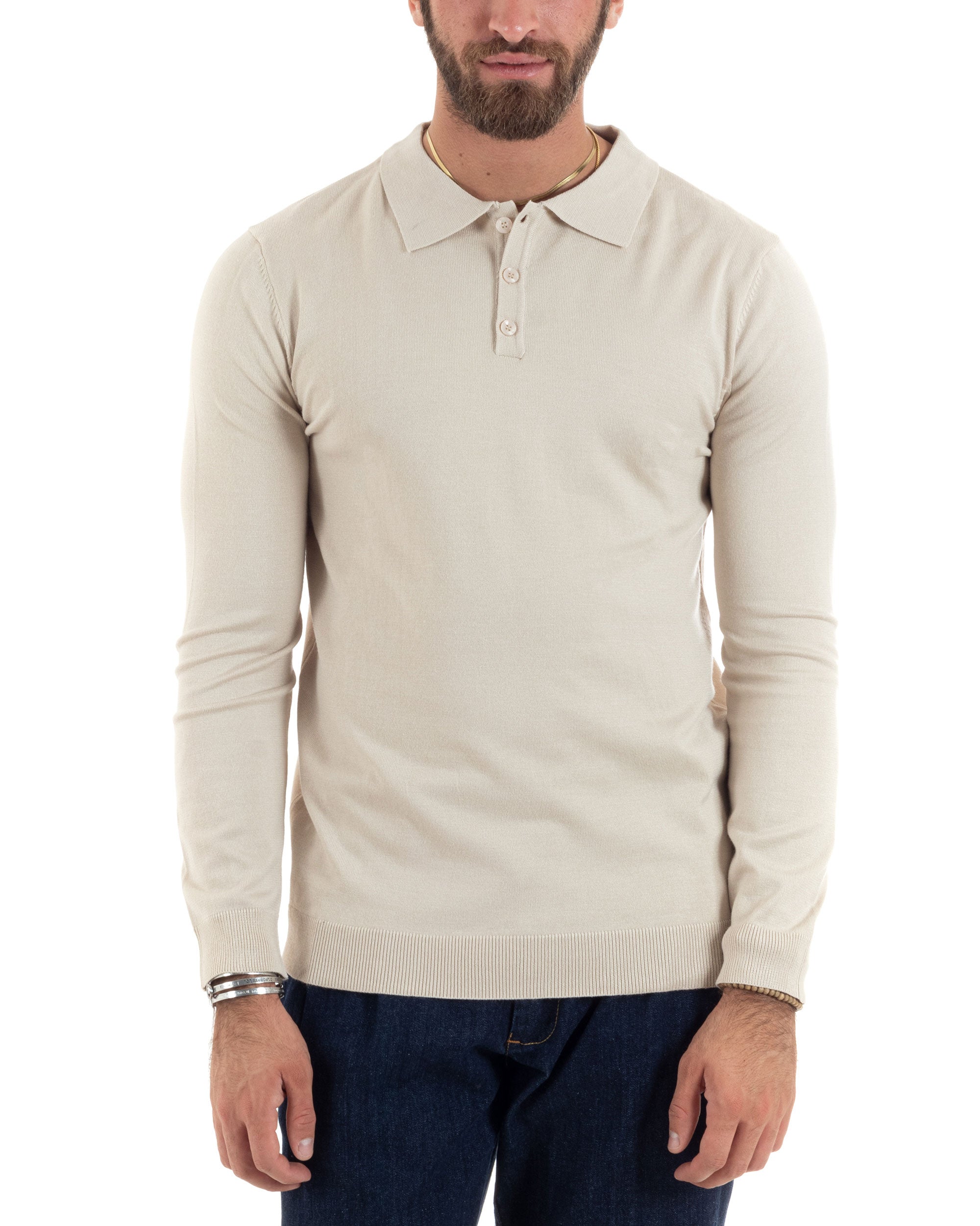 Maglioncino Uomo Polo Basic Casual Maglia Con Colletto Filo Cotone Tinta Unita Beige GIOSAL-M2982A